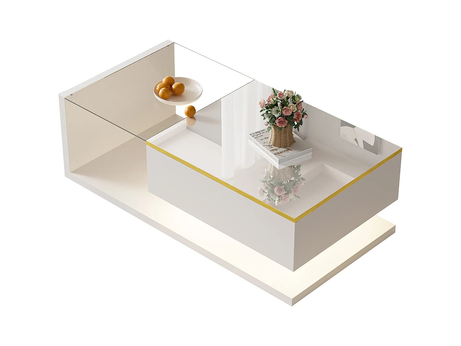 Table basse brillant - 100 x 50 x 32.5 cm - avec verre + effet Leds + rangement - aggloméré - blanc