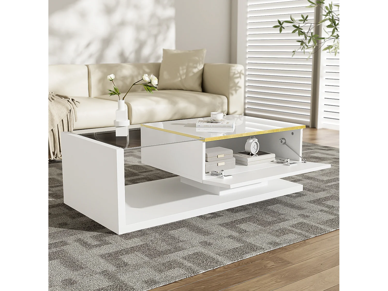 Table basse brillant - 100 x 50 x 32.5 cm - avec verre + effet Leds + rangement - aggloméré - blanc