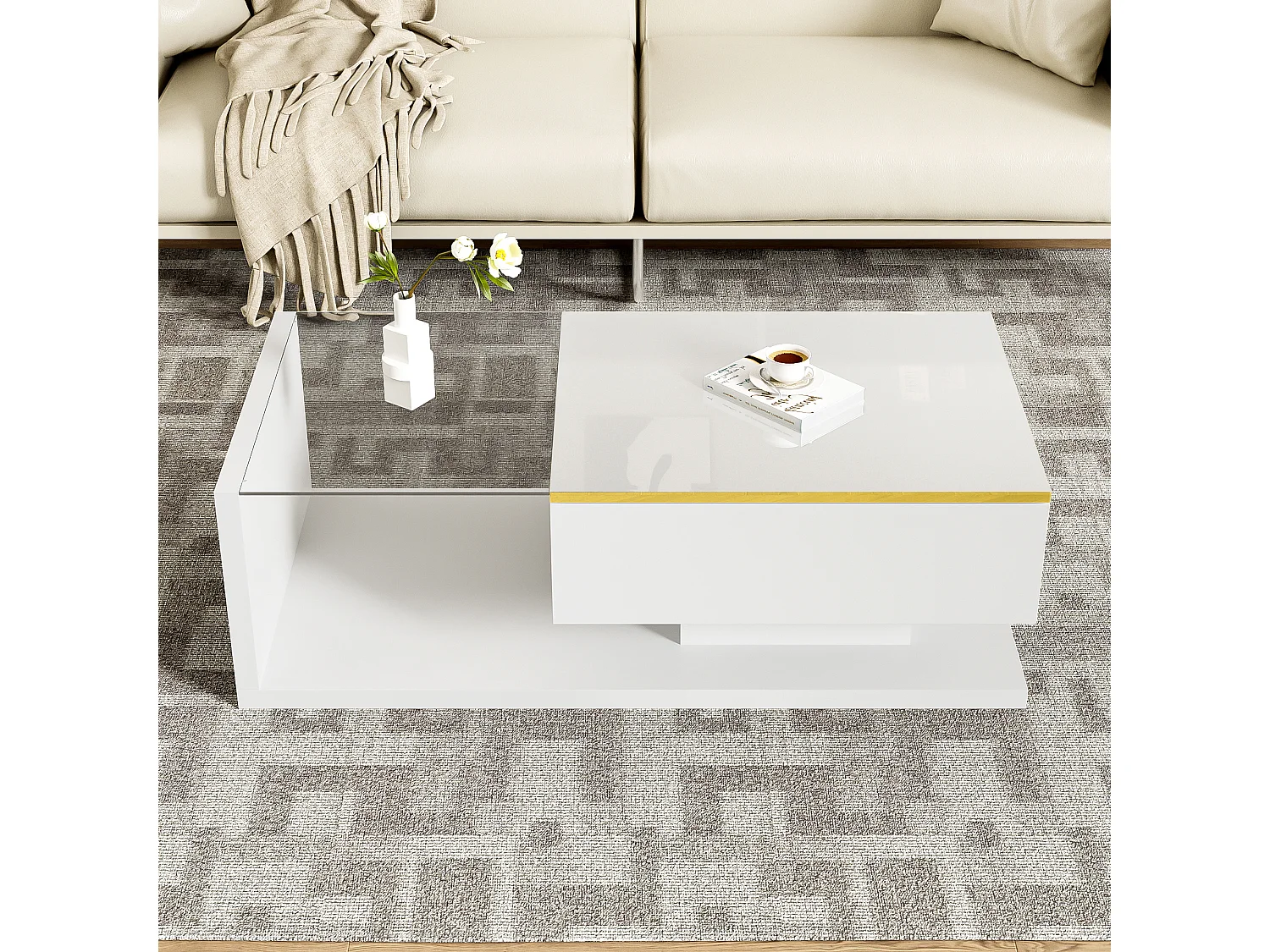 Table basse brillant - 100 x 50 x 32.5 cm - avec verre + effet Leds + rangement - aggloméré - blanc