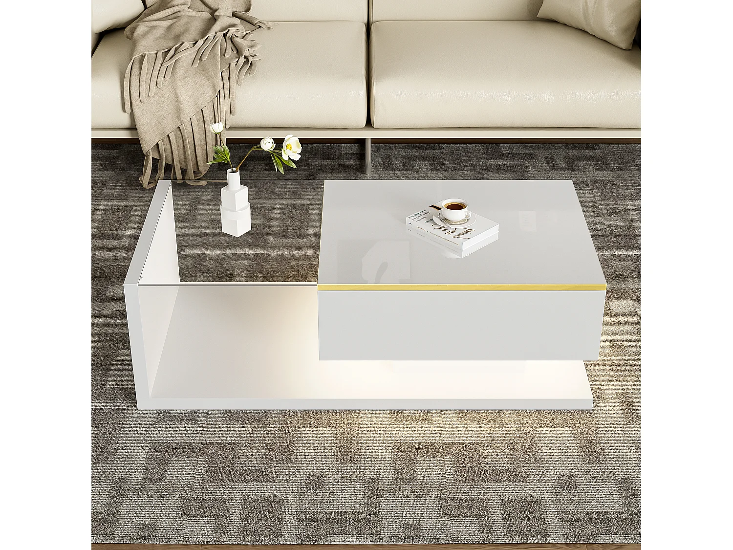 Couchtisch glänzend - 100 x 50 x 32,5 cm - mit Glas + LED-Effekt + Ablage - Spanplatte - weiß