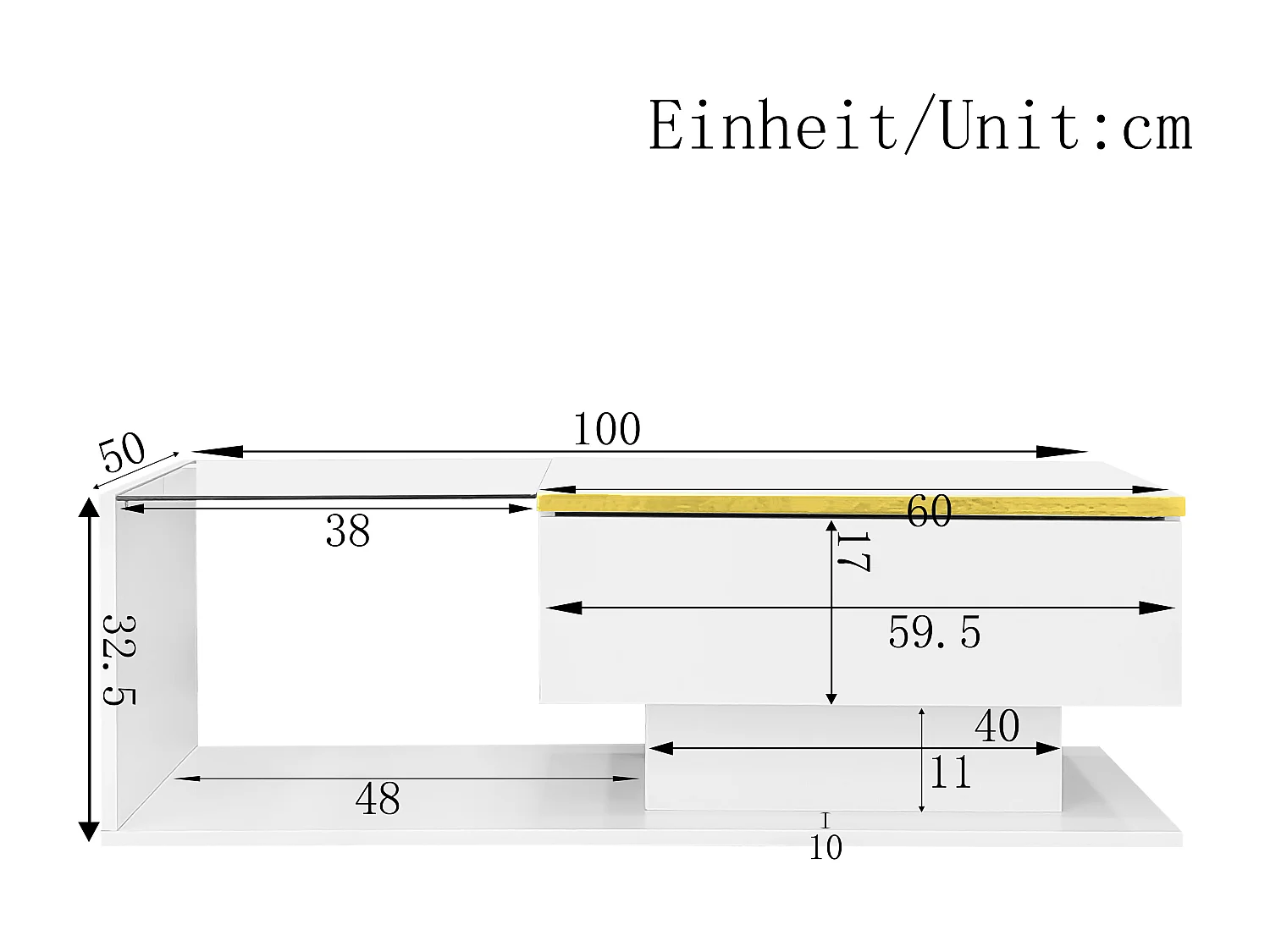 Couchtisch glänzend - 100 x 50 x 32,5 cm - mit Glas + LED-Effekt + Ablage - Spanplatte - weiß