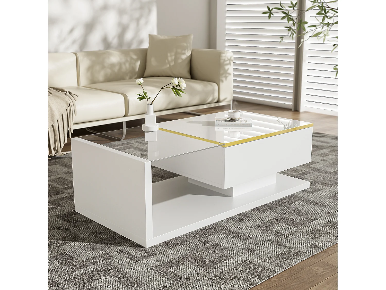 Couchtisch glänzend - 100 x 50 x 32,5 cm - mit Glas + LED-Effekt + Ablage - Spanplatte - weiß