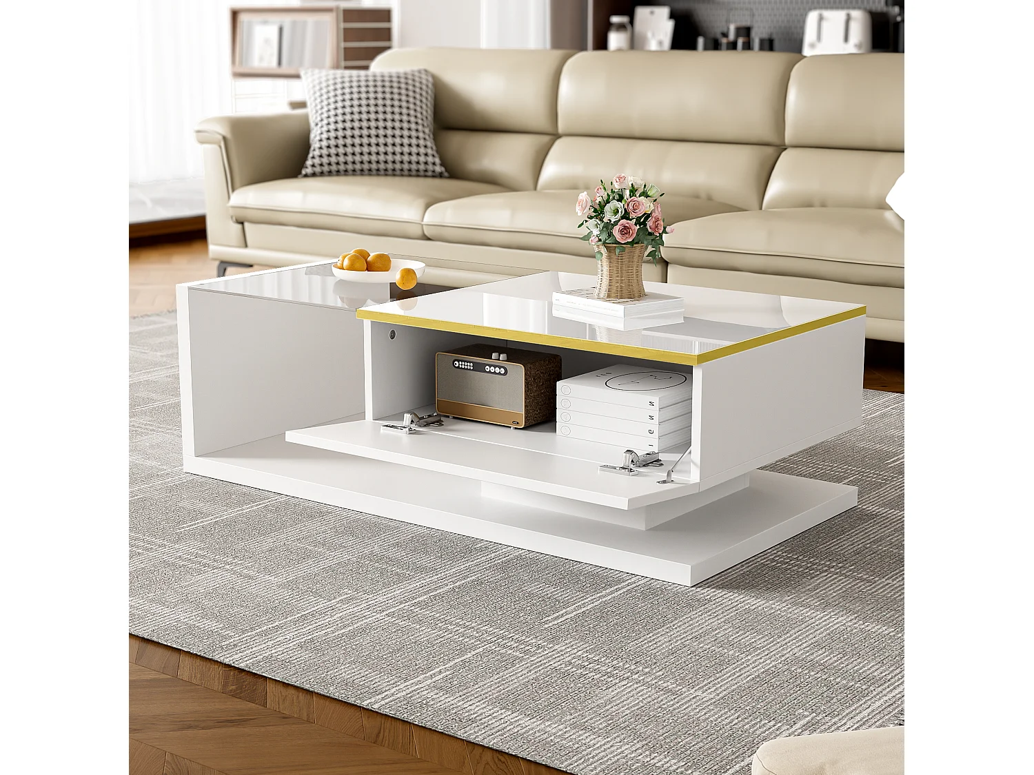 Couchtisch glänzend - 100 x 50 x 32,5 cm - mit Glas + LED-Effekt + Ablage - Spanplatte - weiß