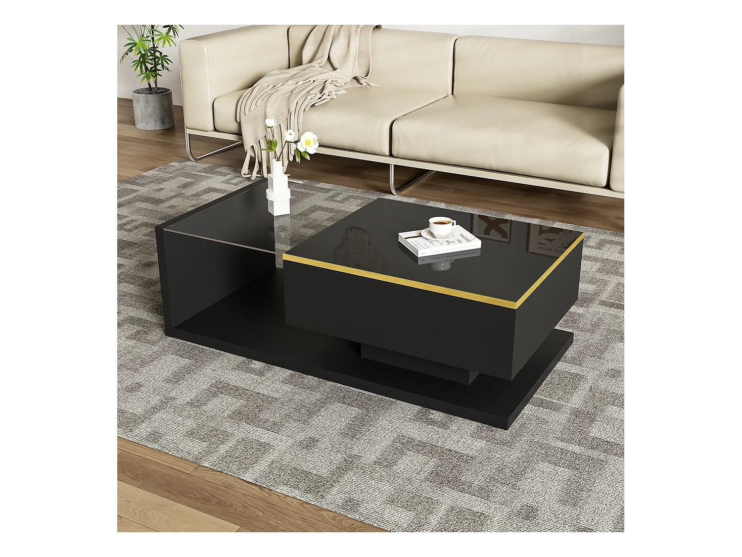 Table basse brillant - 100 x 50 x 32.5 cm - avec verre + effet Leds + rangement - aggloméré - noir