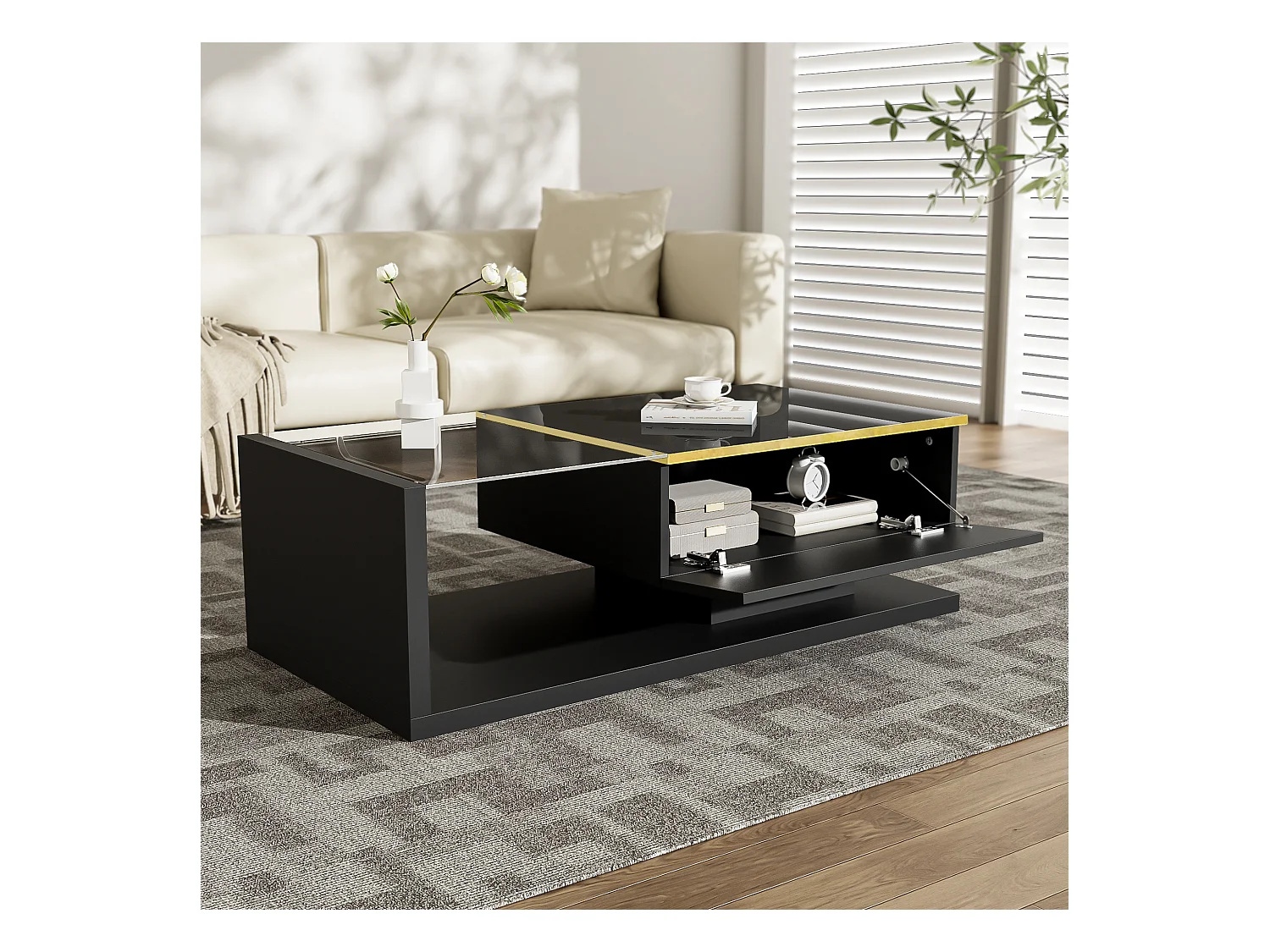 Table basse brillant - 100 x 50 x 32.5 cm - avec verre + effet Leds + rangement - aggloméré - noir
