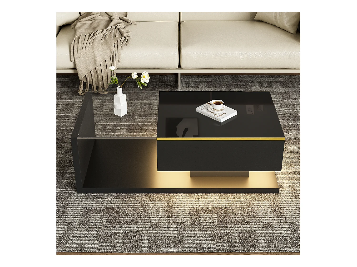 Table basse brillant - 100 x 50 x 32.5 cm - avec verre + effet Leds + rangement - aggloméré - noir