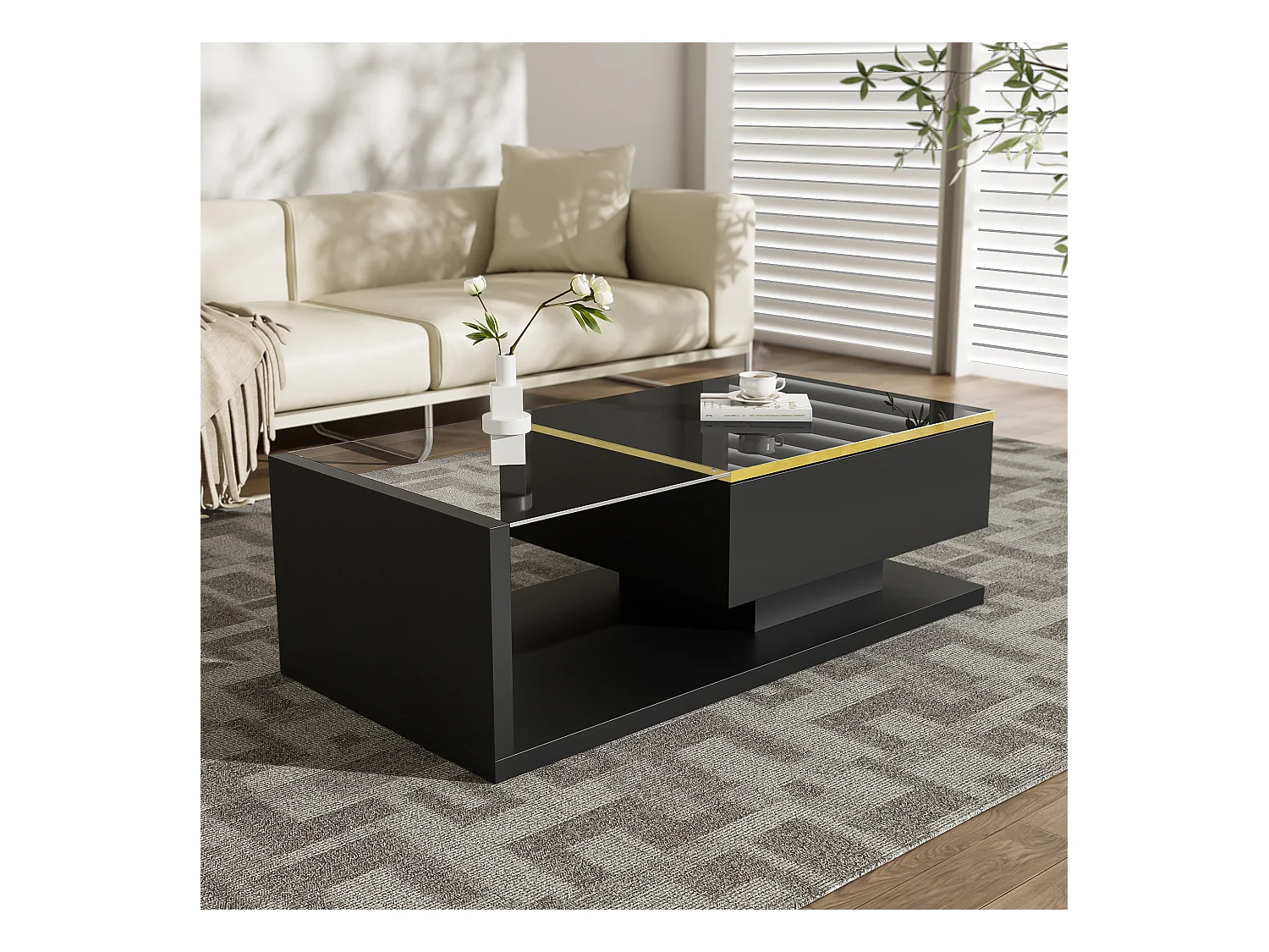 Table basse brillant - 100 x 50 x 32.5 cm - avec verre + effet Leds + rangement - aggloméré - noir