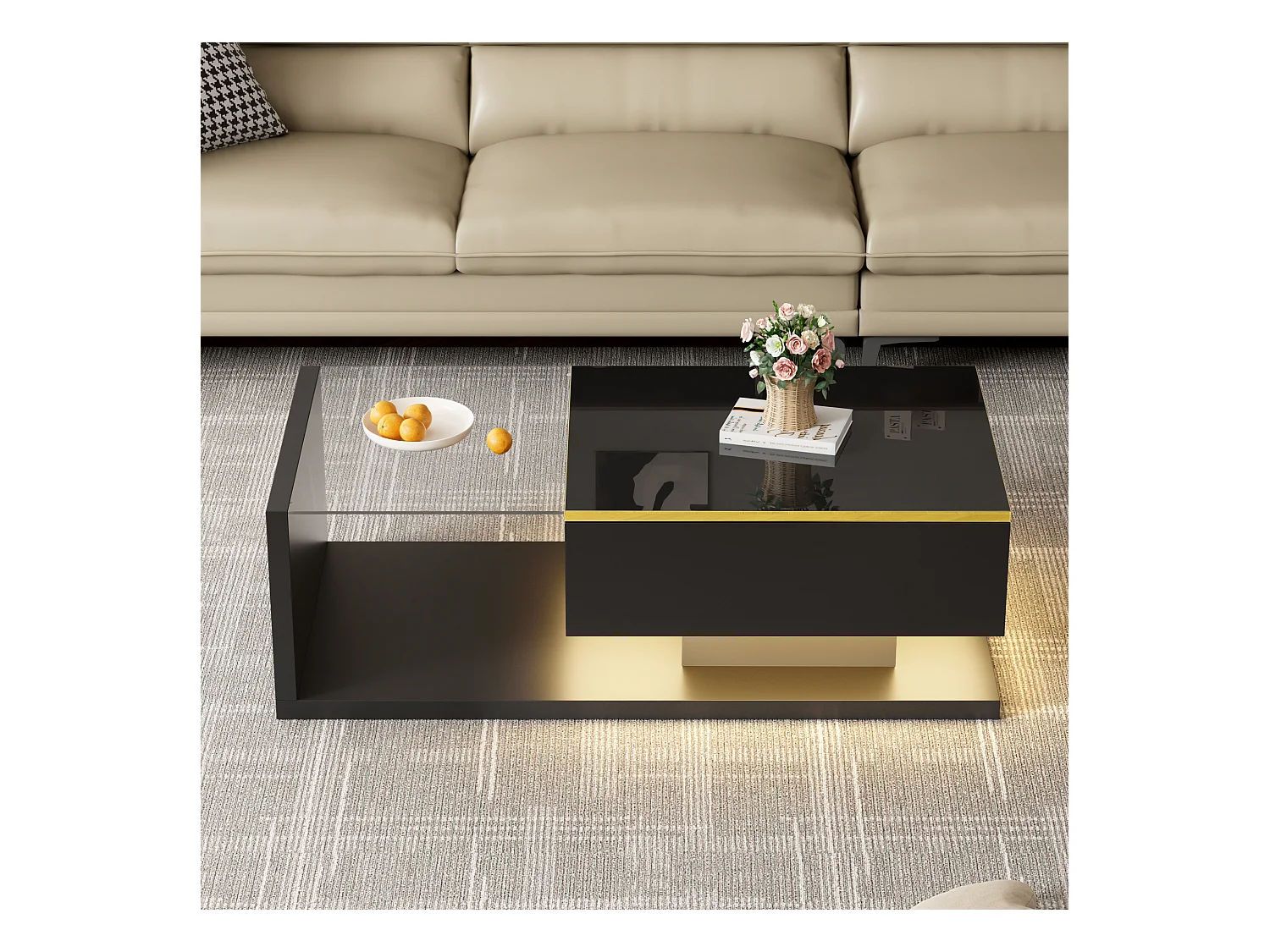 Table basse brillant - 100 x 50 x 32.5 cm - avec verre + effet Leds + rangement - aggloméré - noir