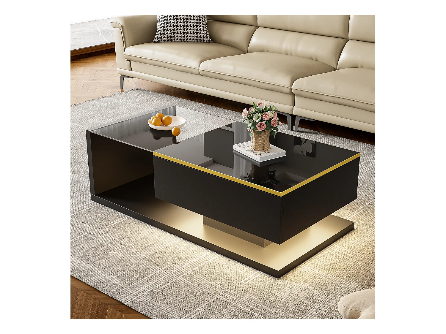 Table basse brillant - 100 x 50 x 32.5 cm - avec verre + effet Leds + rangement - aggloméré - noir