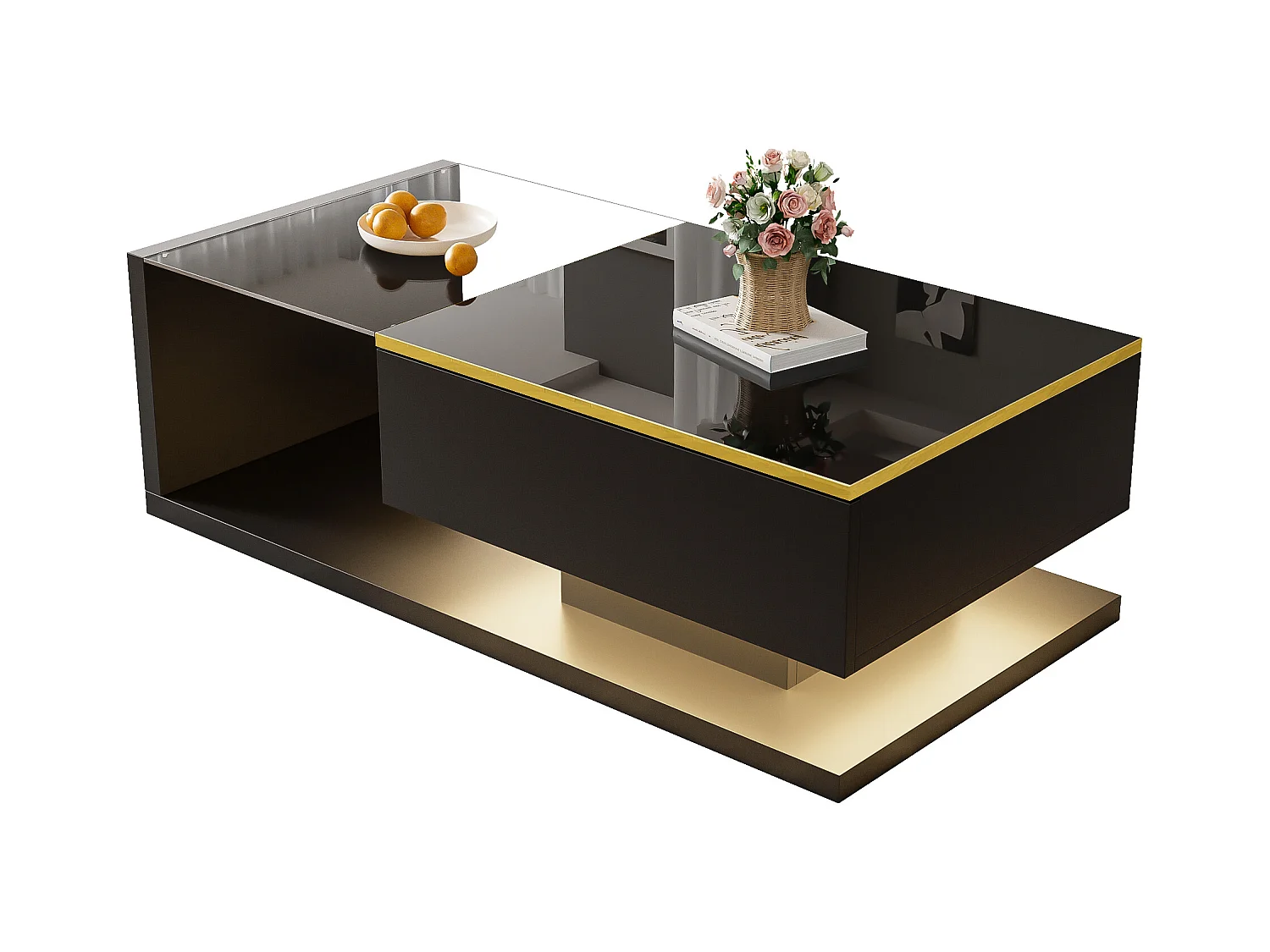 Table basse brillant - 100 x 50 x 32.5 cm - avec verre + effet Leds + rangement - aggloméré - noir