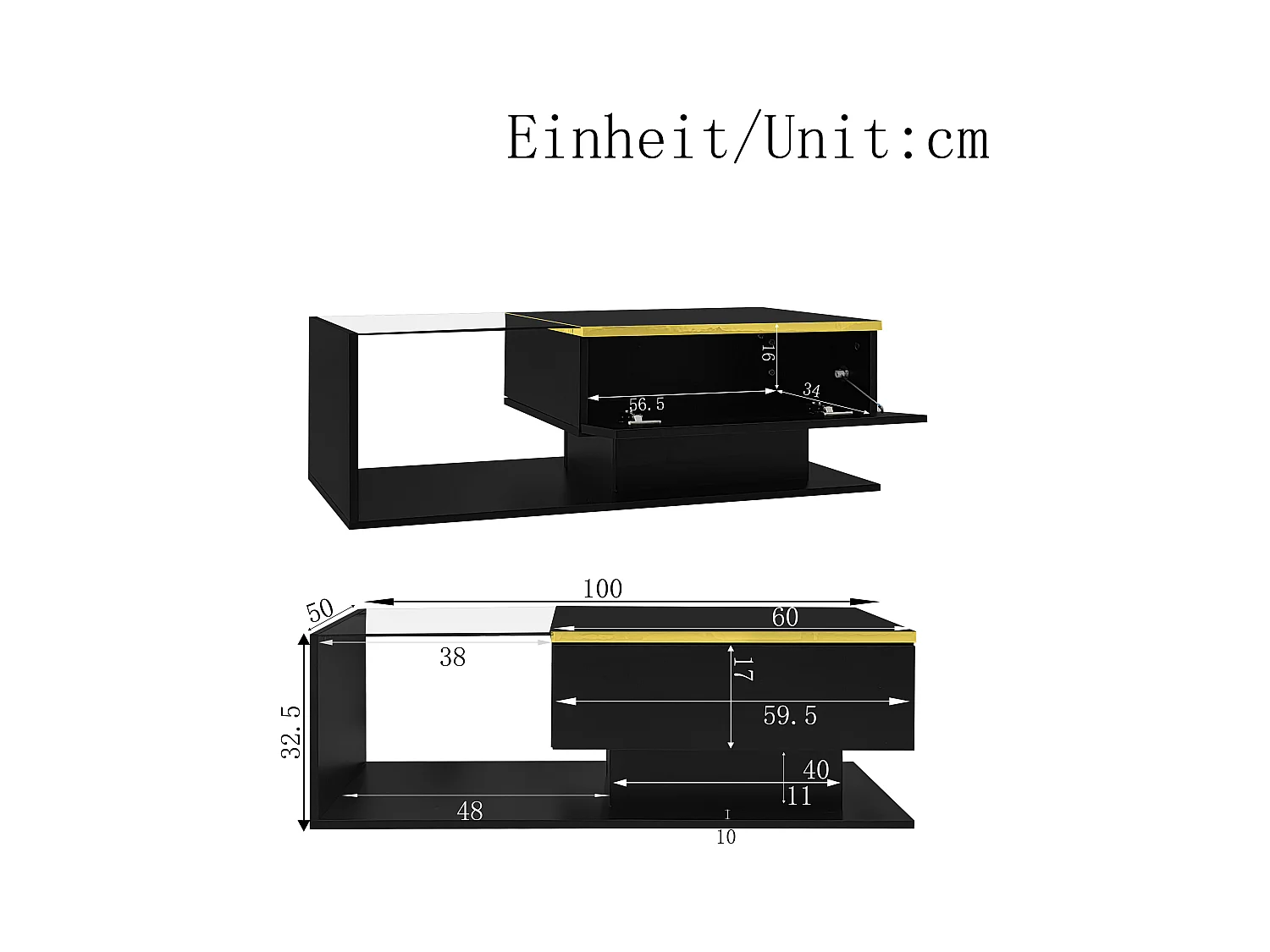Table basse brillant - 100 x 50 x 32.5 cm - avec verre + effet Leds + rangement - aggloméré - noir