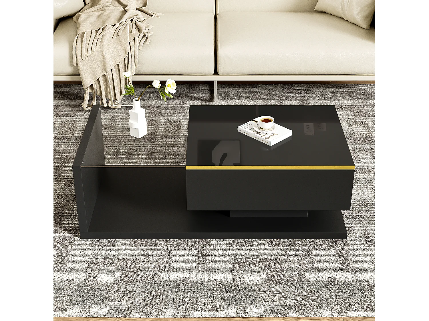 Table basse brillant - 100 x 50 x 32.5 cm - avec verre + effet Leds + rangement - aggloméré - noir