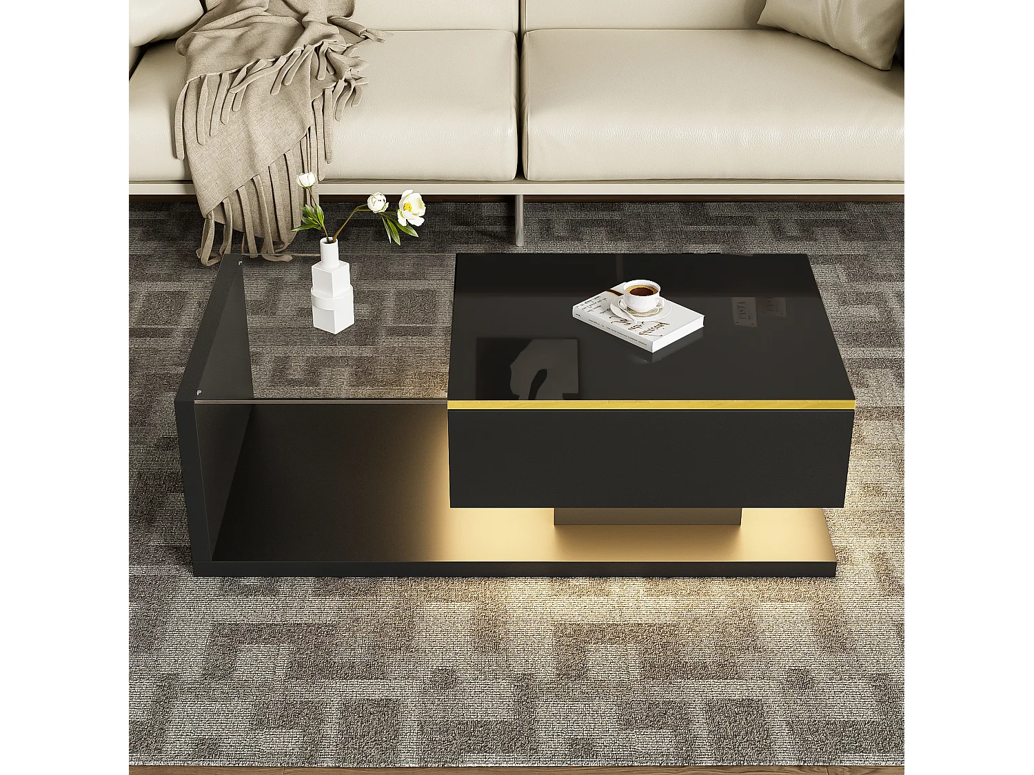 Table basse brillant - 100 x 50 x 32.5 cm - avec verre + effet Leds + rangement - aggloméré - noir