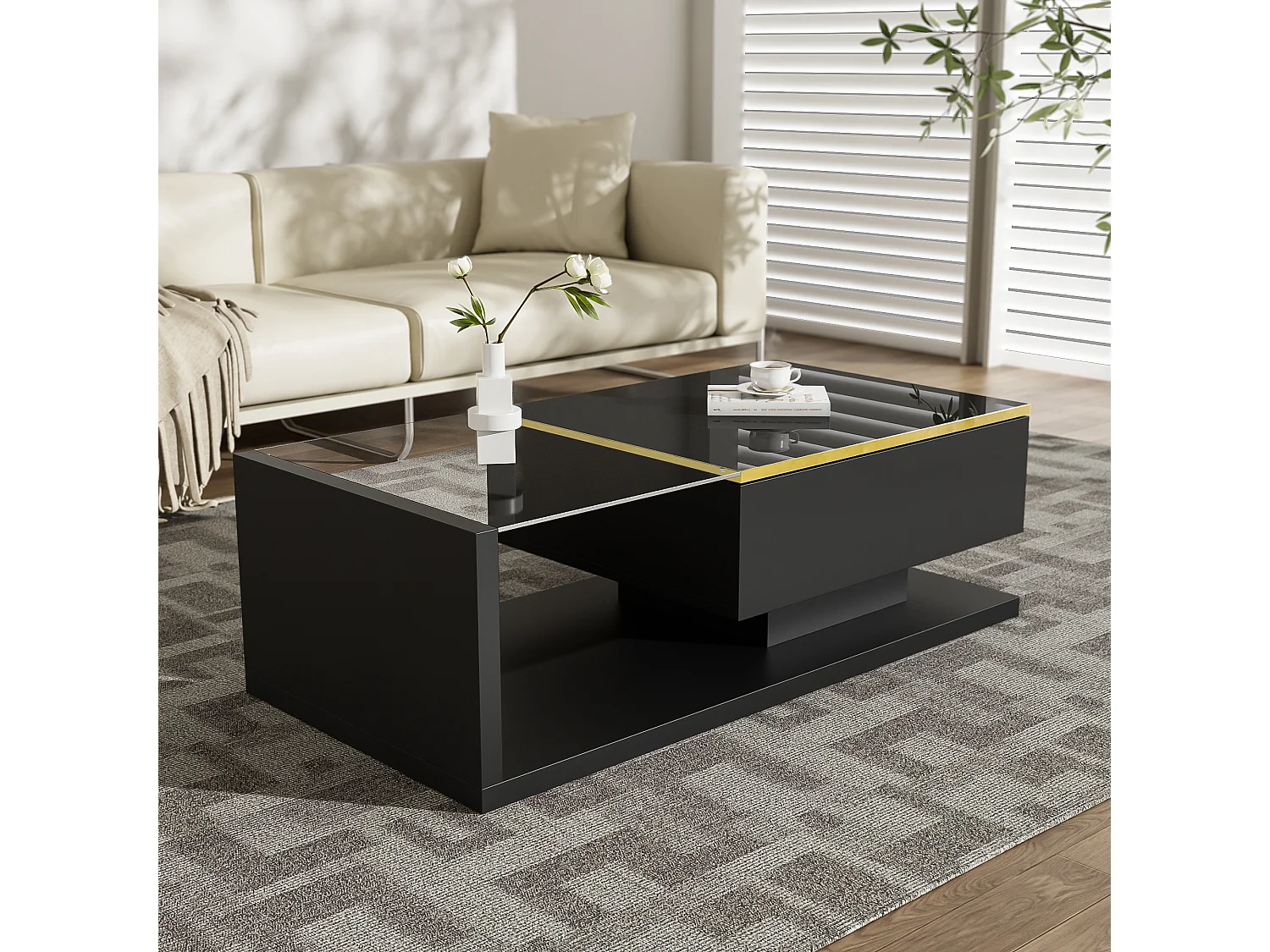 Table basse brillant - 100 x 50 x 32.5 cm - avec verre + effet Leds + rangement - aggloméré - noir