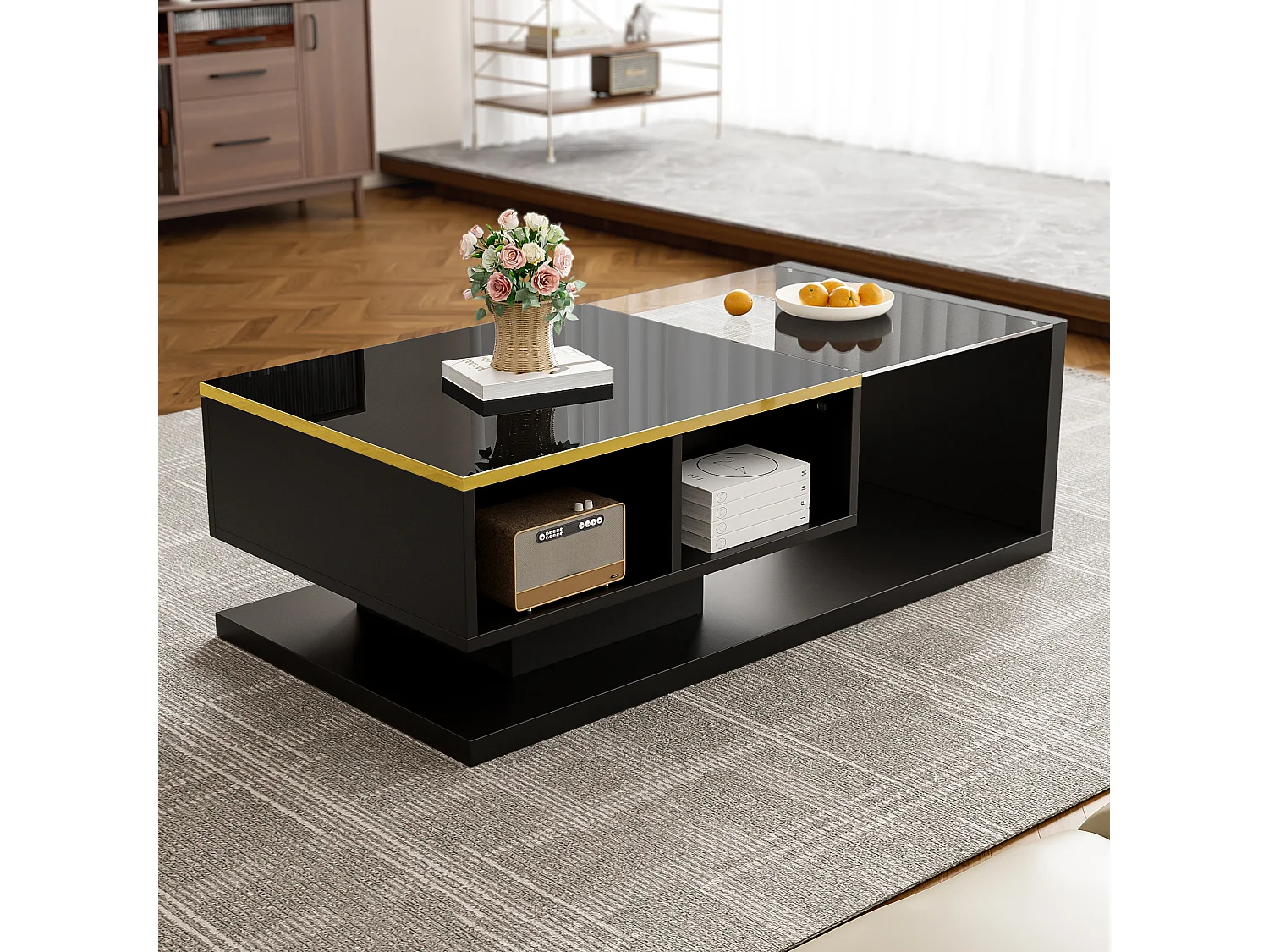 Table basse brillant - 100 x 50 x 32.5 cm - avec verre + effet Leds + rangement - aggloméré - noir