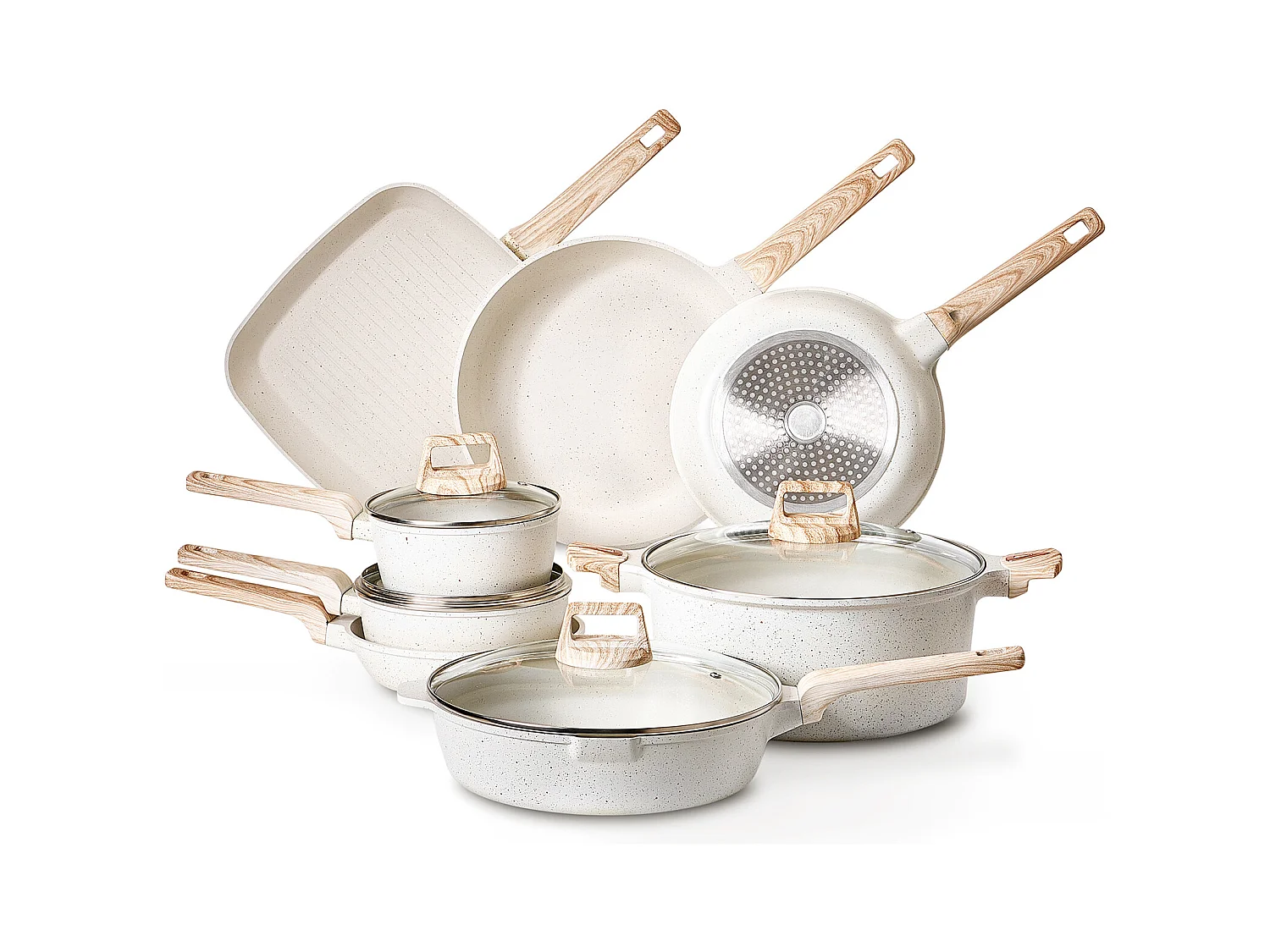 Batterie de Cuisine SucceBuy Batterie de Cuisine Antiadhésive en Granit 19 Pièces pour Utilisation dans la Cuisine, Blanc