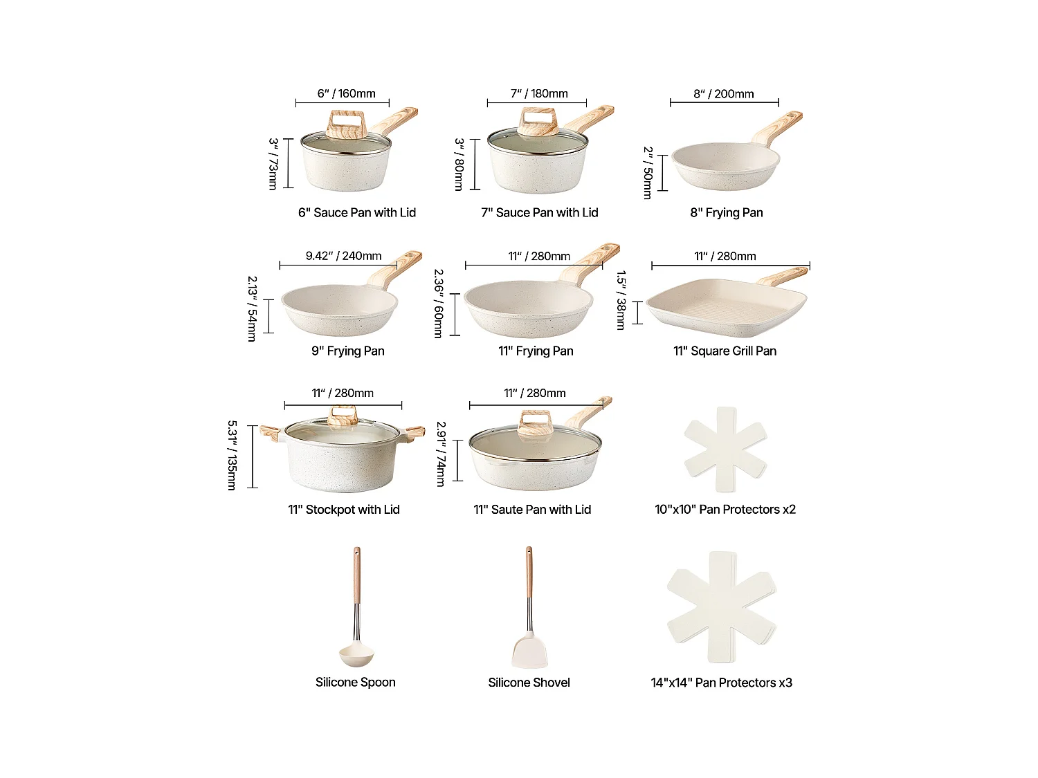 Batterie de Cuisine SucceBuy Batterie de Cuisine Antiadhésive en Granit 19 Pièces pour Utilisation dans la Cuisine, Blanc