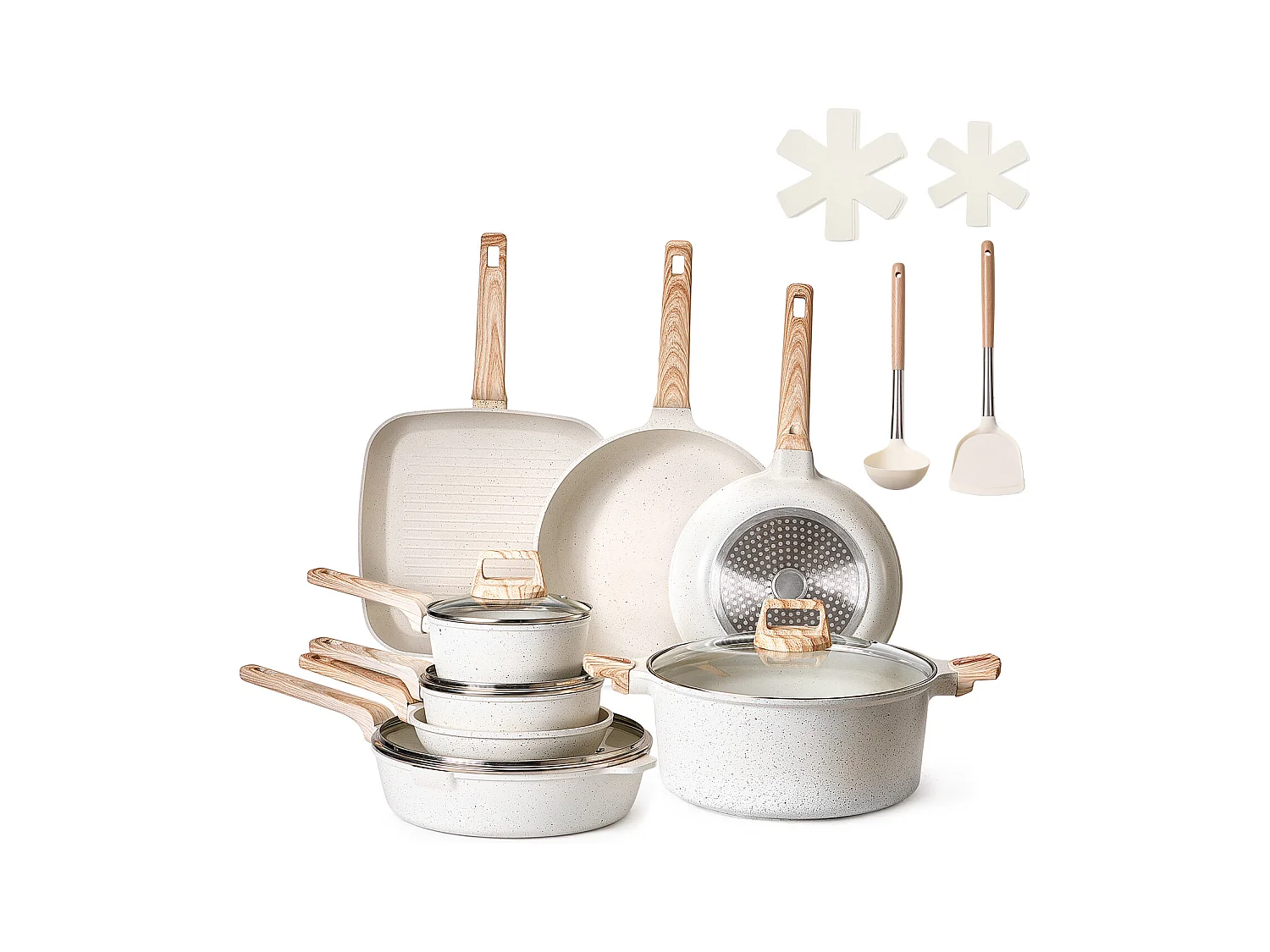 Batterie de Cuisine SucceBuy Batterie de Cuisine Antiadhésive en Granit 19 Pièces pour Utilisation dans la Cuisine, Blanc