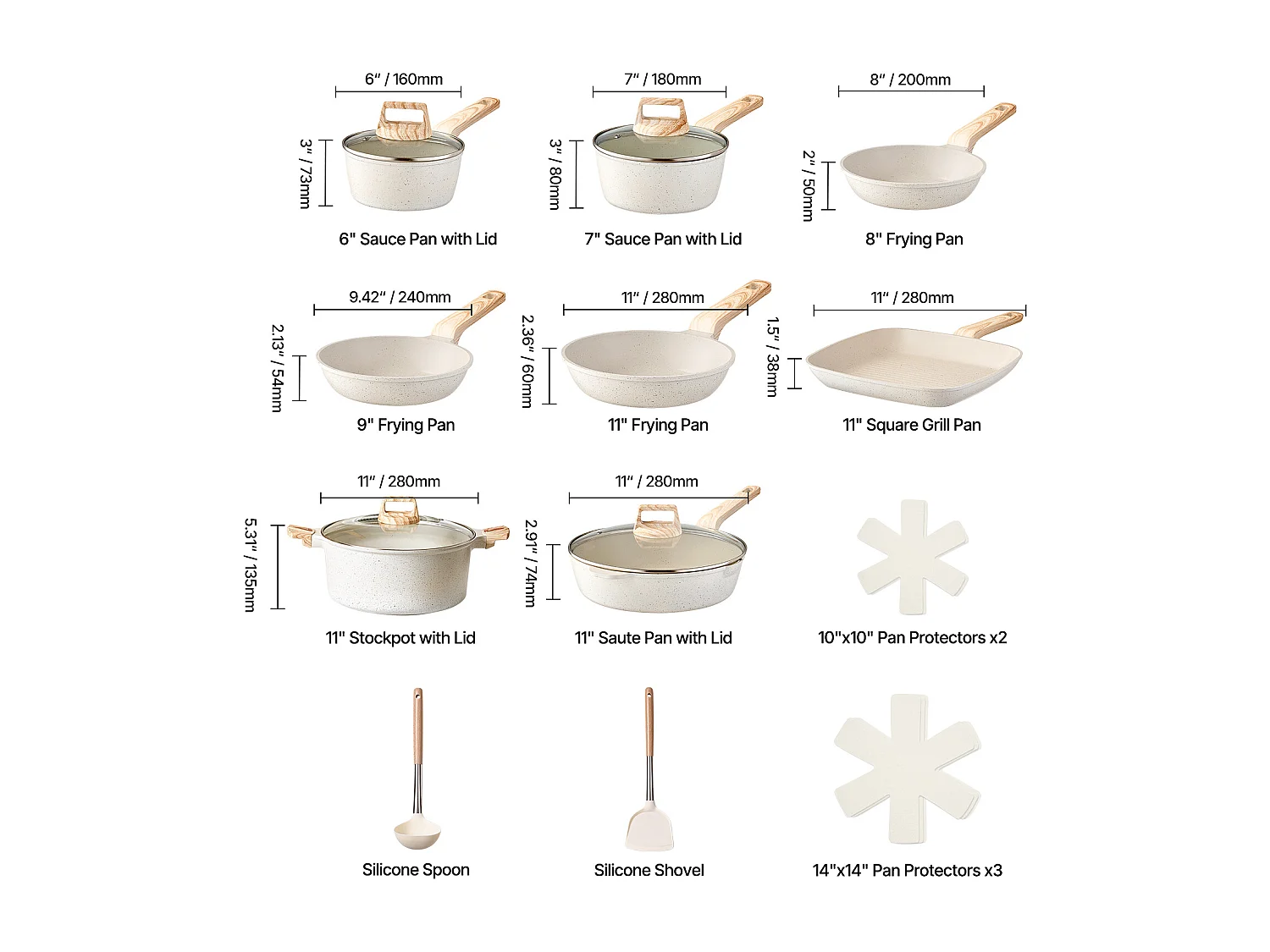 Pentole SucceBuy Set di Pentole Antiaderenti in Granito da 19 Pezzi per Cucina, Bianco