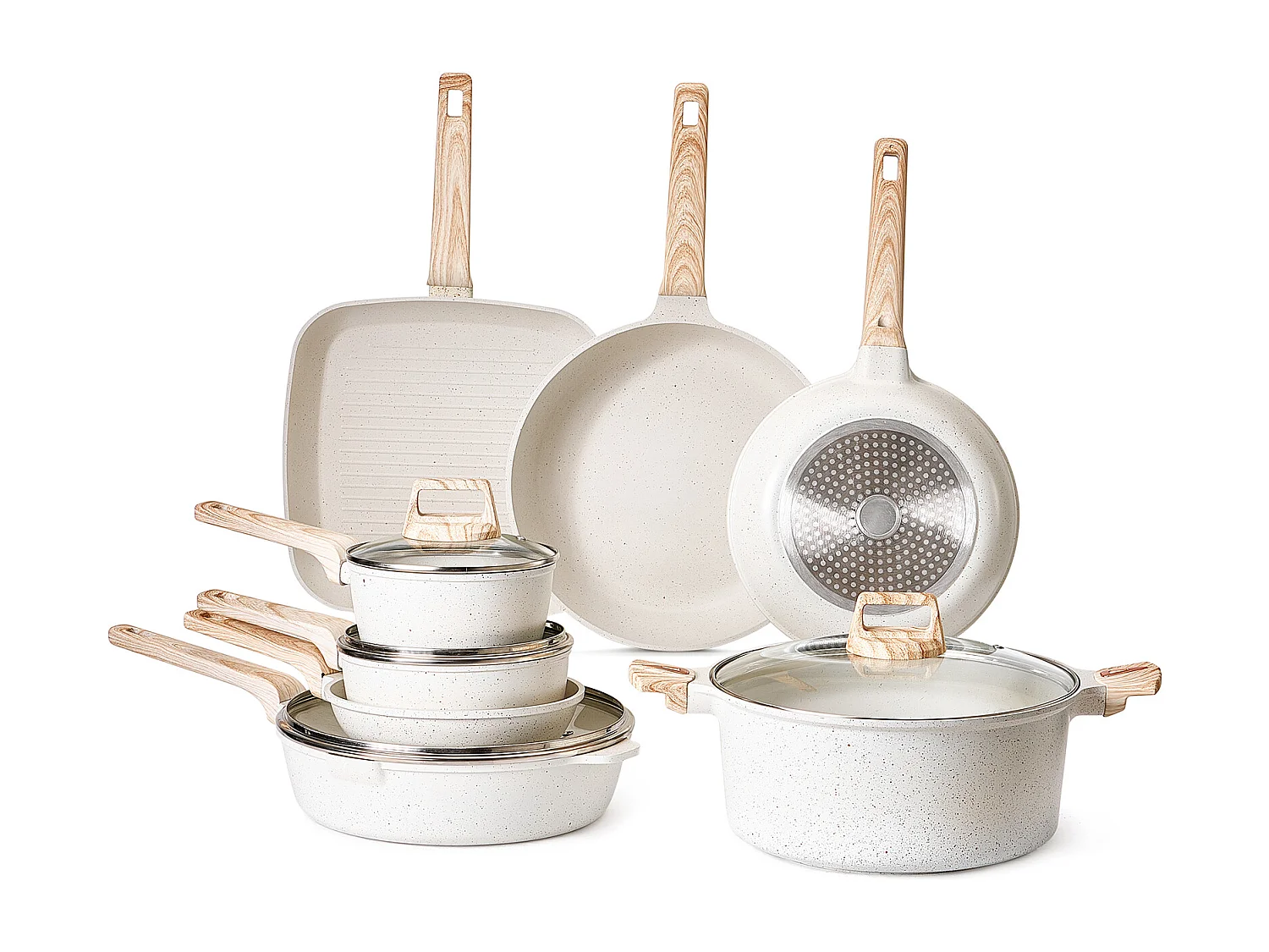 Pentole SucceBuy Set di Pentole Antiaderenti in Granito da 19 Pezzi per Cucina, Bianco