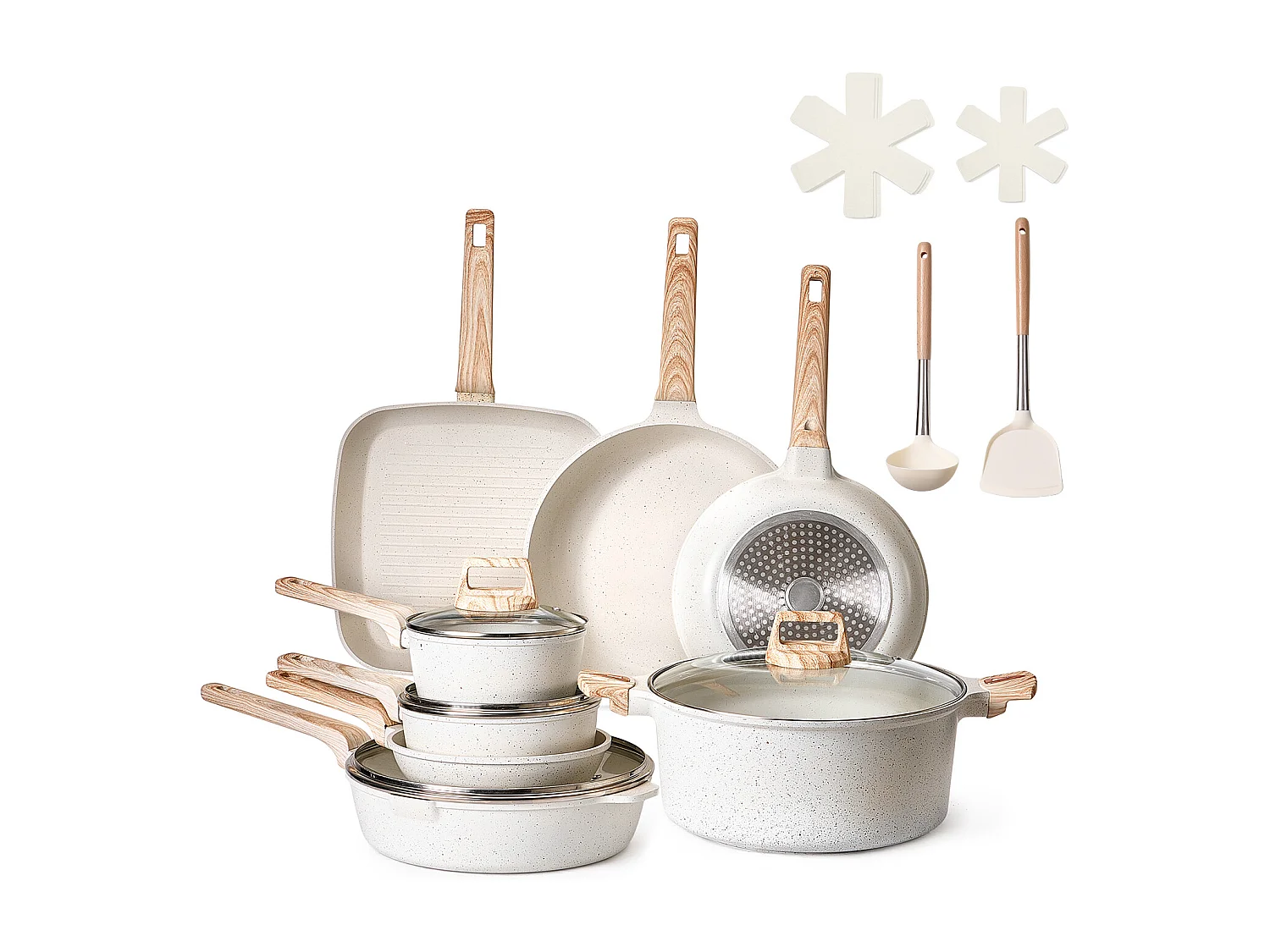 Pentole SucceBuy Set di Pentole Antiaderenti in Granito da 19 Pezzi per Cucina, Bianco