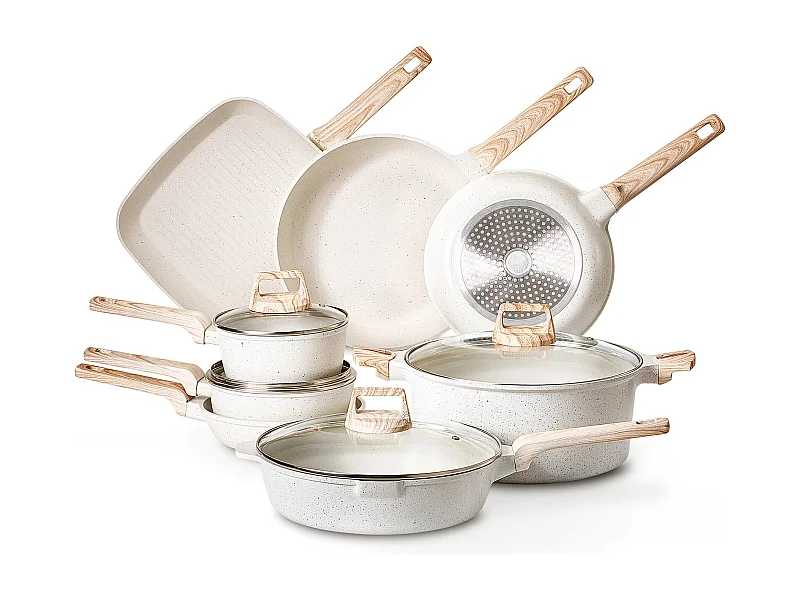 Batterie de Cuisine SucceBuy Batterie de Cuisine Antiadhésive en Granit 19 Pièces pour Utilisation dans la Cuisine, Blanc