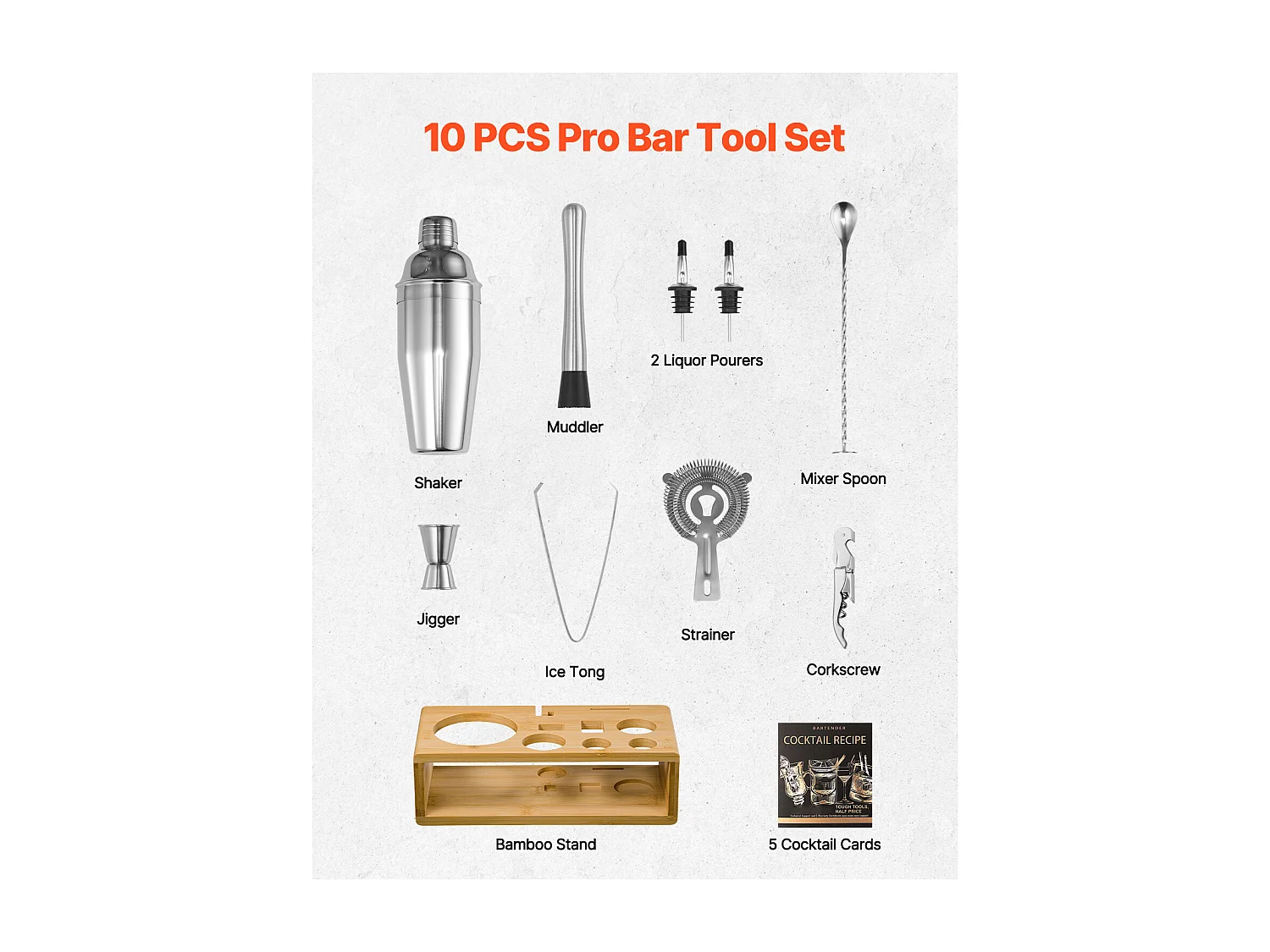 Cocktail SucceBuy 10-Teiliges Barkeeper-Set aus Edelstahl mit Cocktail-Shaker, Silber