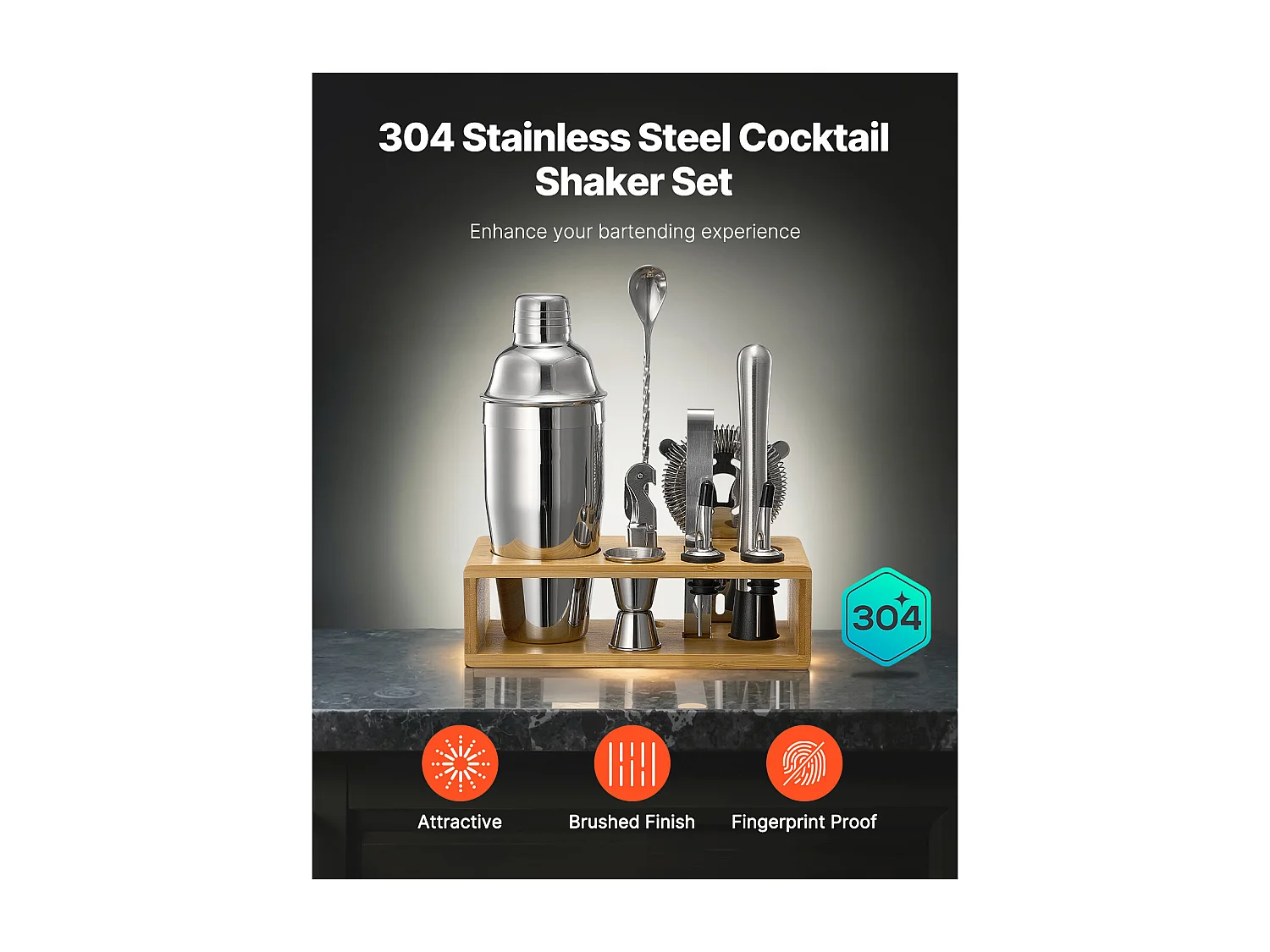 Cocktail SucceBuy 10-Teiliges Barkeeper-Set aus Edelstahl mit Cocktail-Shaker, Silber