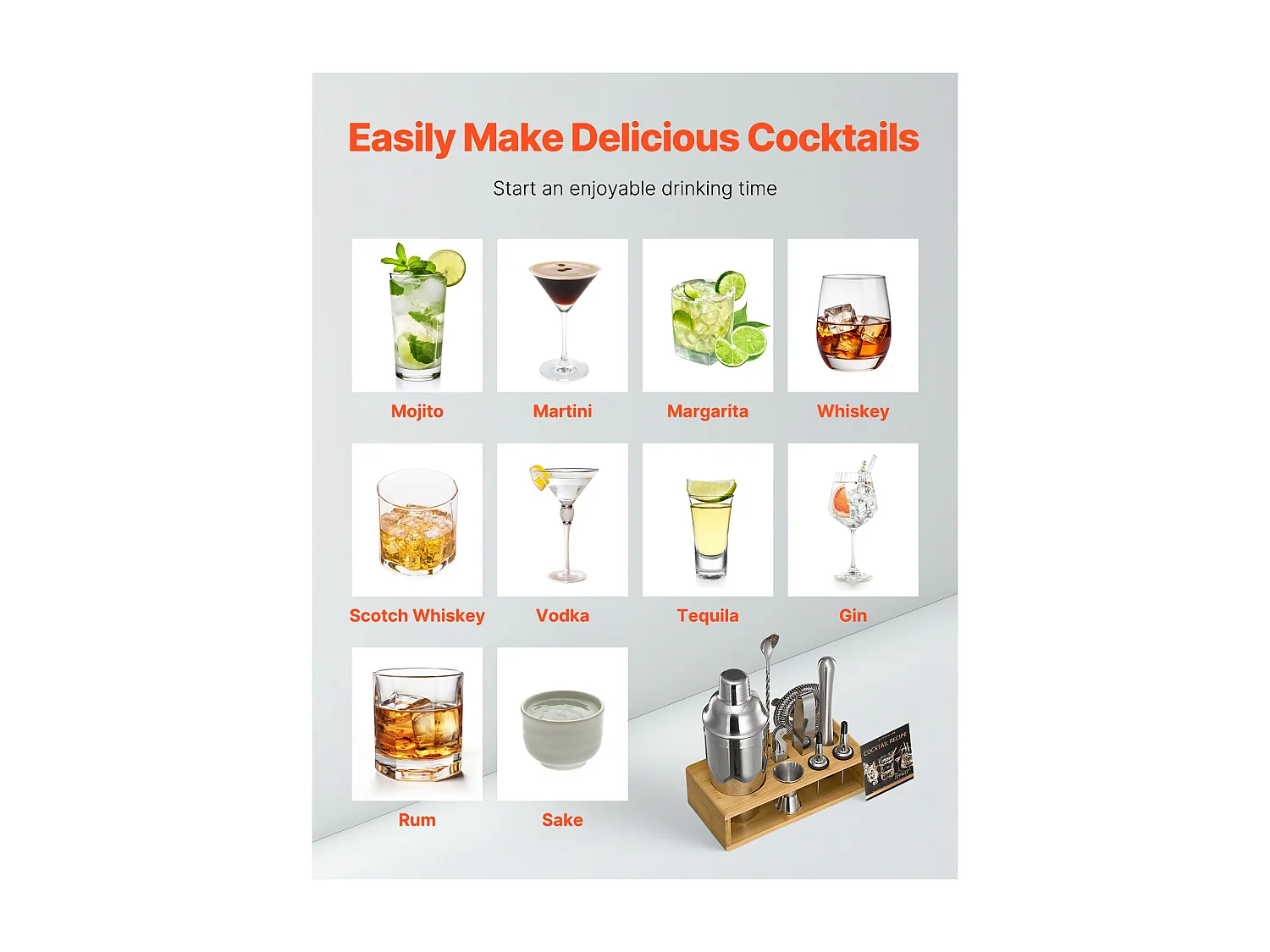 Cocktail SucceBuy 10-Teiliges Barkeeper-Set aus Edelstahl mit Cocktail-Shaker, Silber