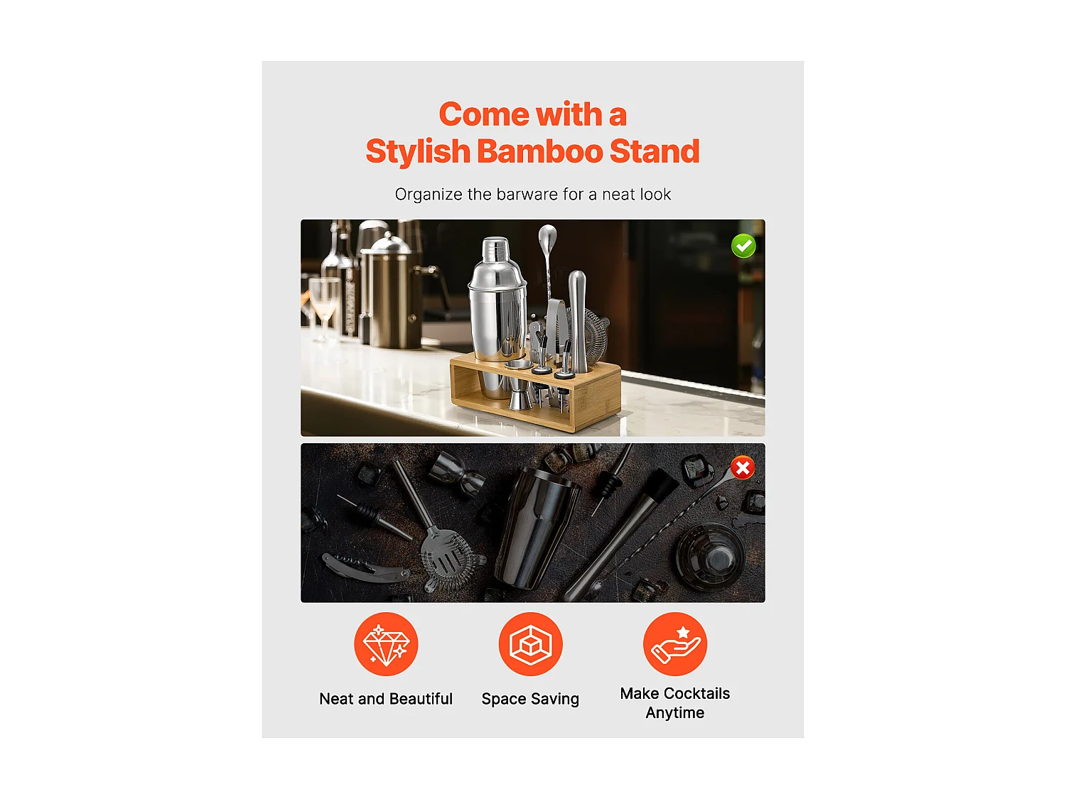 Cocktail SucceBuy 10-Teiliges Barkeeper-Set aus Edelstahl mit Cocktail-Shaker, Silber