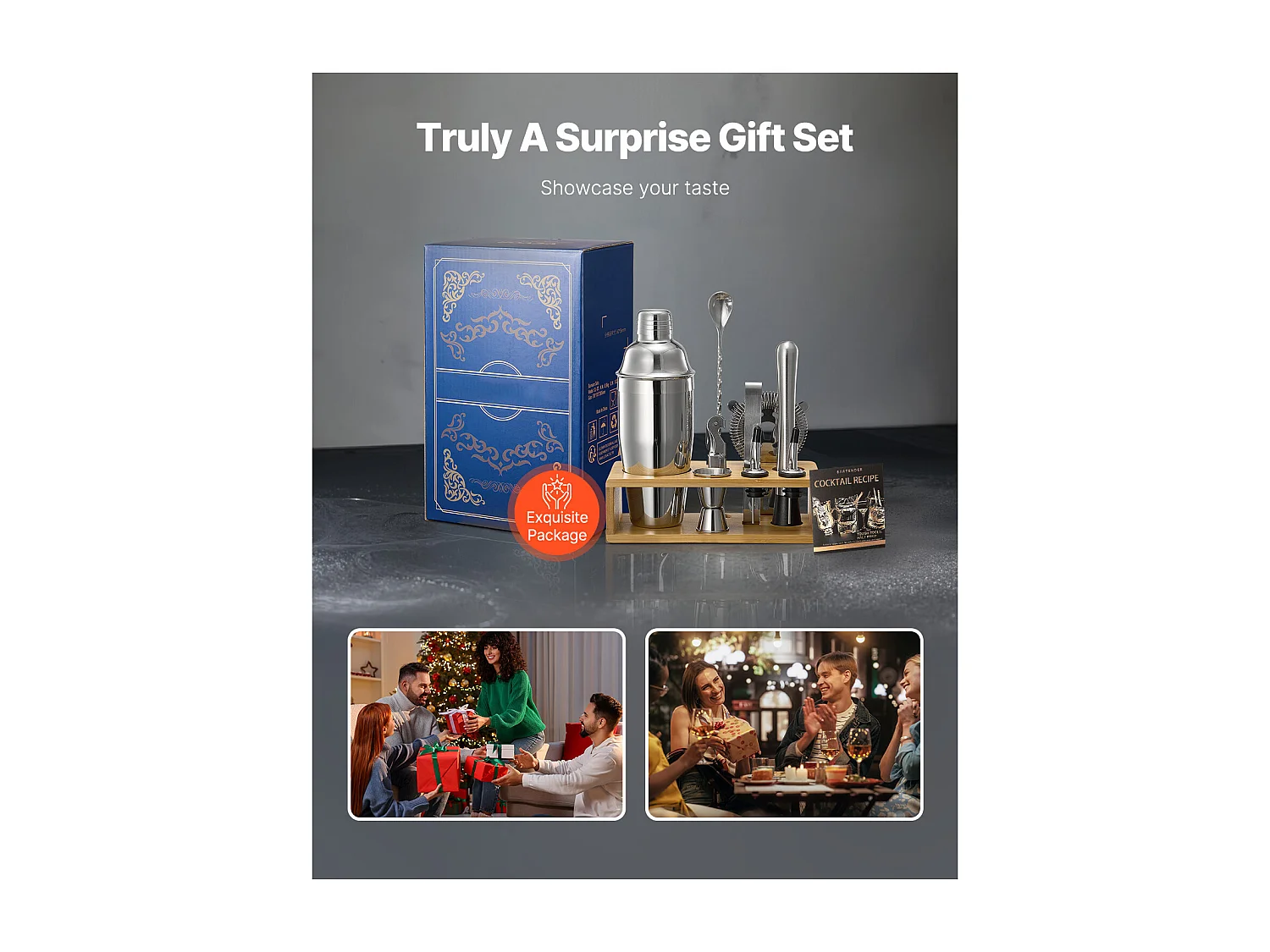 Cocktail SucceBuy 10-Teiliges Barkeeper-Set aus Edelstahl mit Cocktail-Shaker, Silber