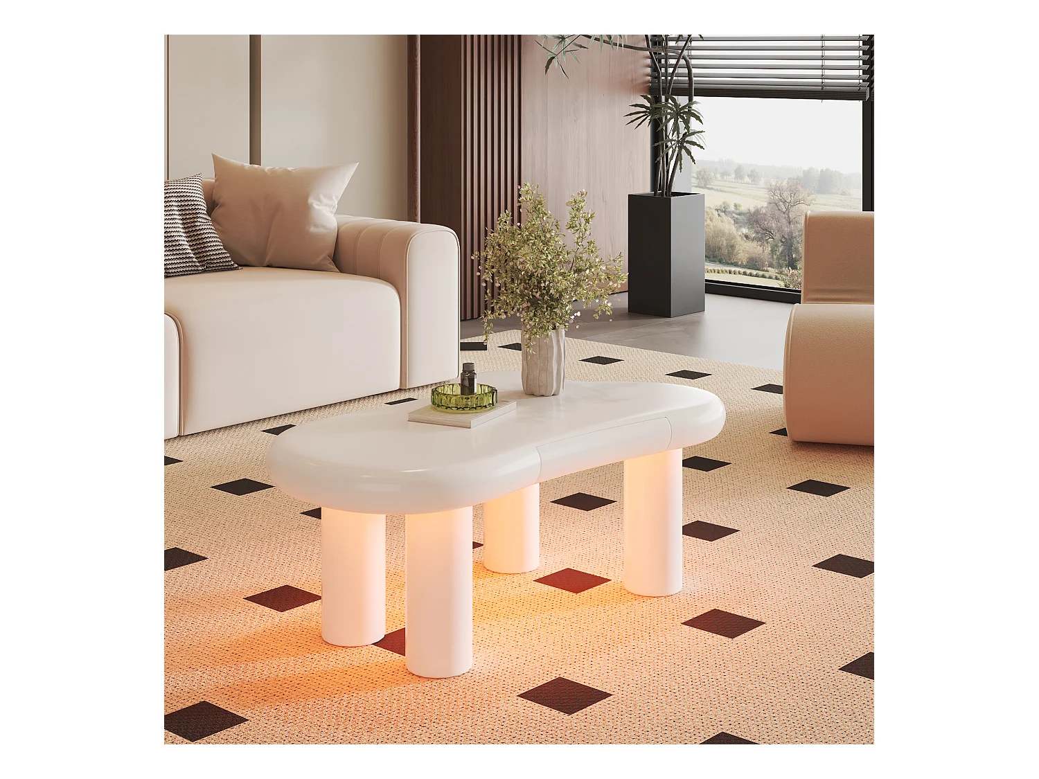 Table basse avec Leds - 98 x 65.5 x 40 cm - avec 1 tiroir – en forme de nuage - MDF - blanc