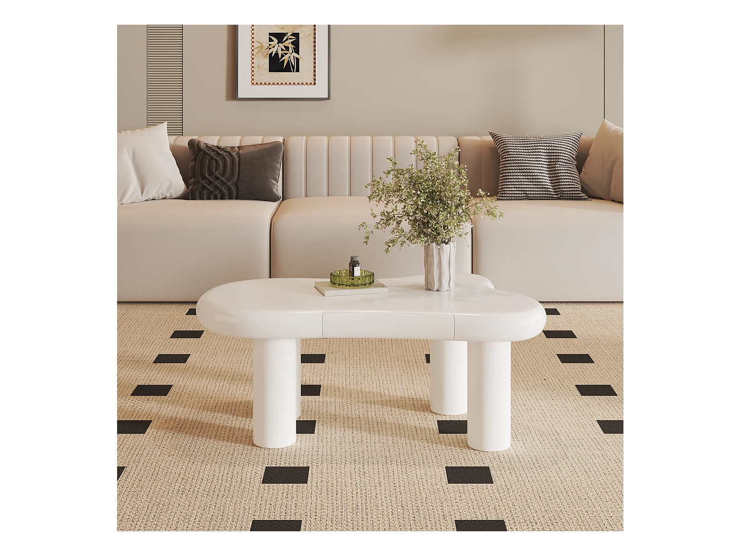 Table basse avec Leds - 98 x 65.5 x 40 cm - avec 1 tiroir – en forme de nuage - MDF - blanc