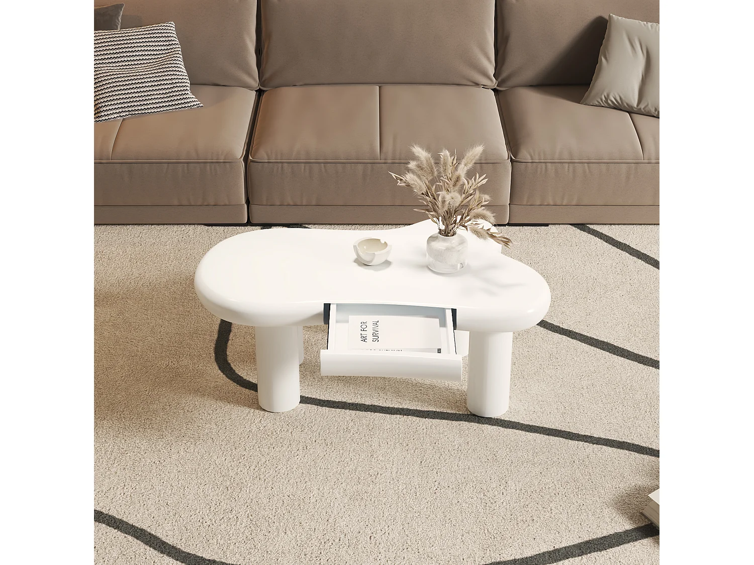 Table basse avec Leds - 98 x 65.5 x 40 cm - avec 1 tiroir – en forme de nuage - MDF - blanc