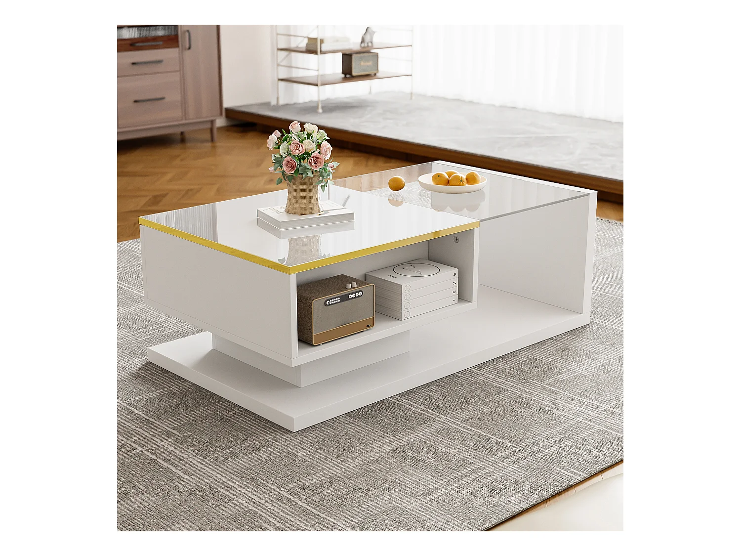 Stolik kawowy błyszczący - 90 x 50 x 32,5 cm - ze szkłem + efekt LED + schowek - płyta wiórowa - biały