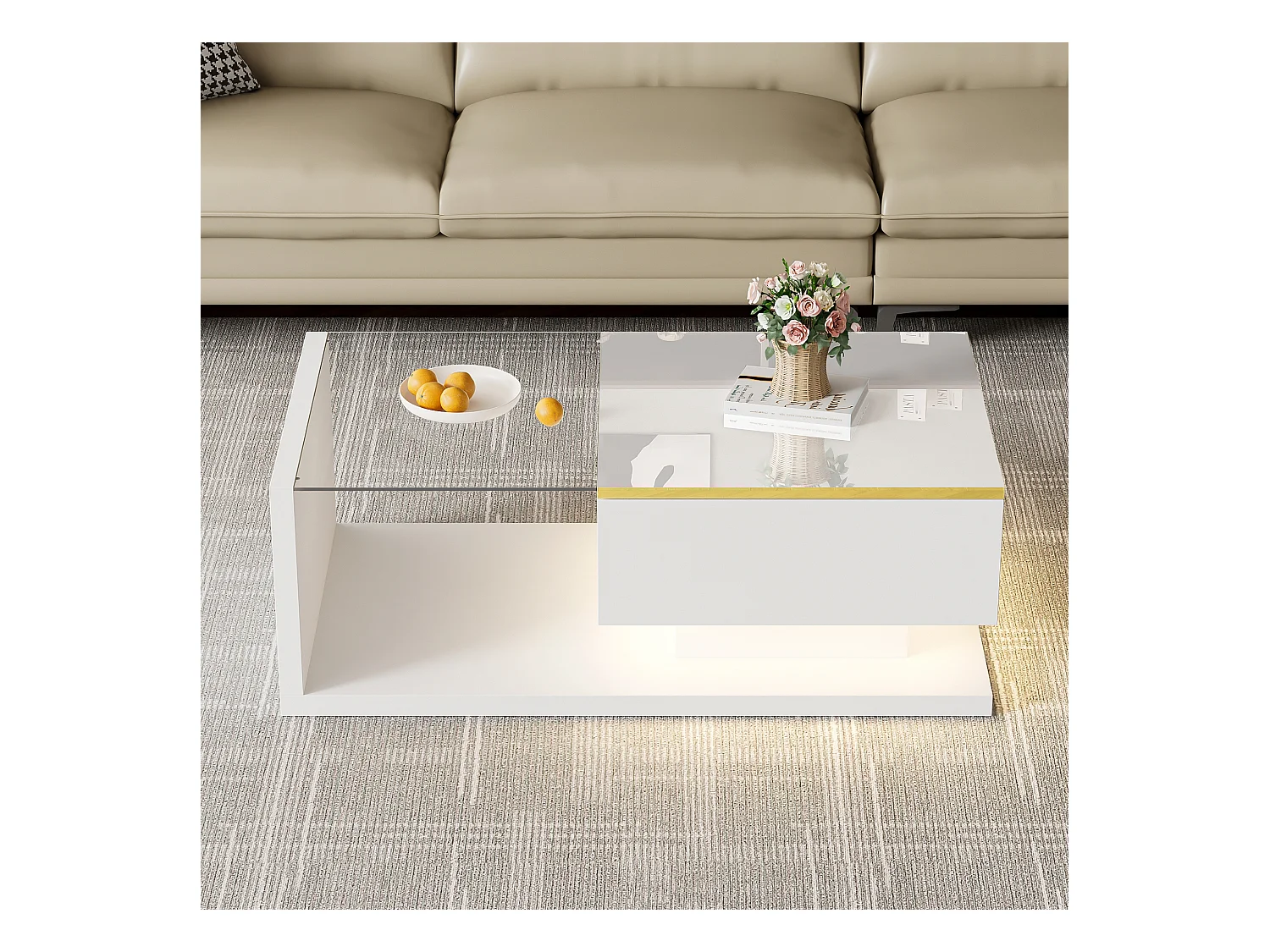 Stolik kawowy błyszczący - 90 x 50 x 32,5 cm - ze szkłem + efekt LED + schowek - płyta wiórowa - biały