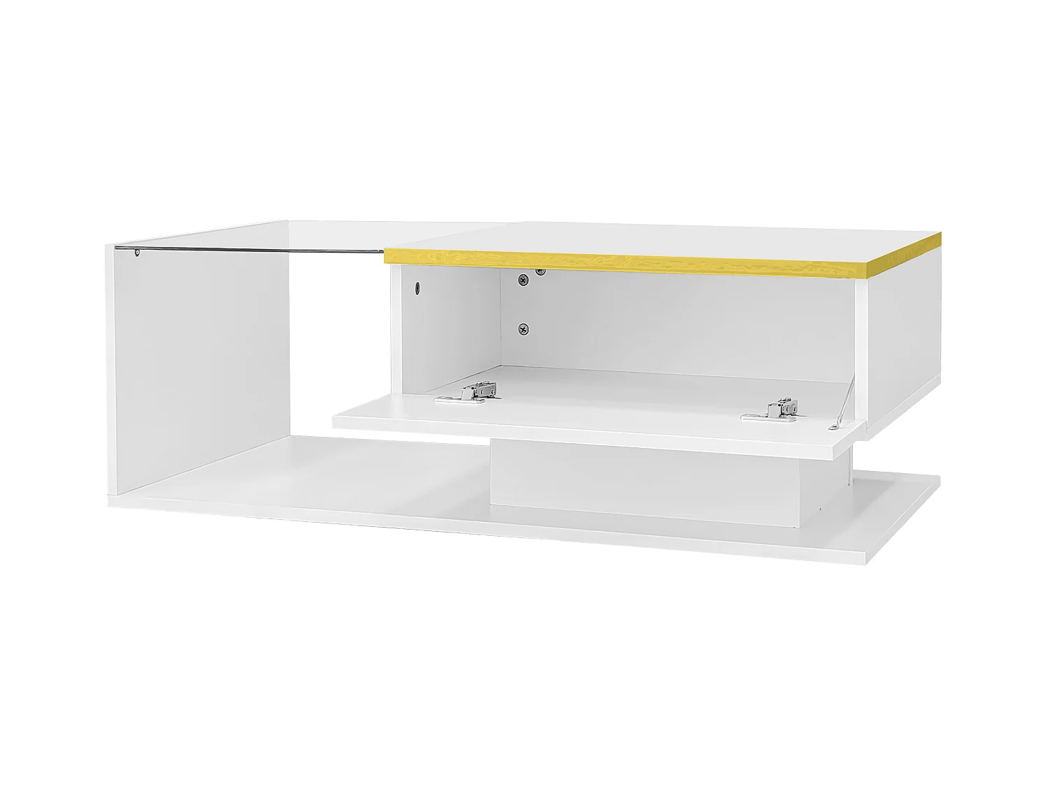 Stolik kawowy błyszczący - 90 x 50 x 32,5 cm - ze szkłem + efekt LED + schowek - płyta wiórowa - biały