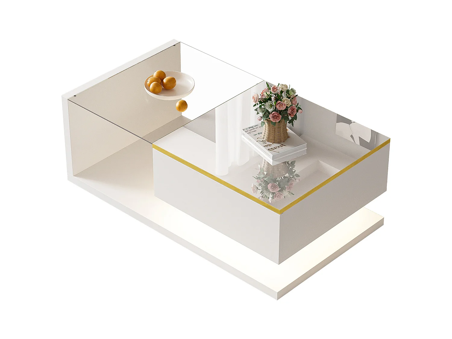 Couchtisch glänzend - 90 x 50 x 32,5 cm - mit Glas + LED-Effekt + Ablage - Spanplatte - weiß