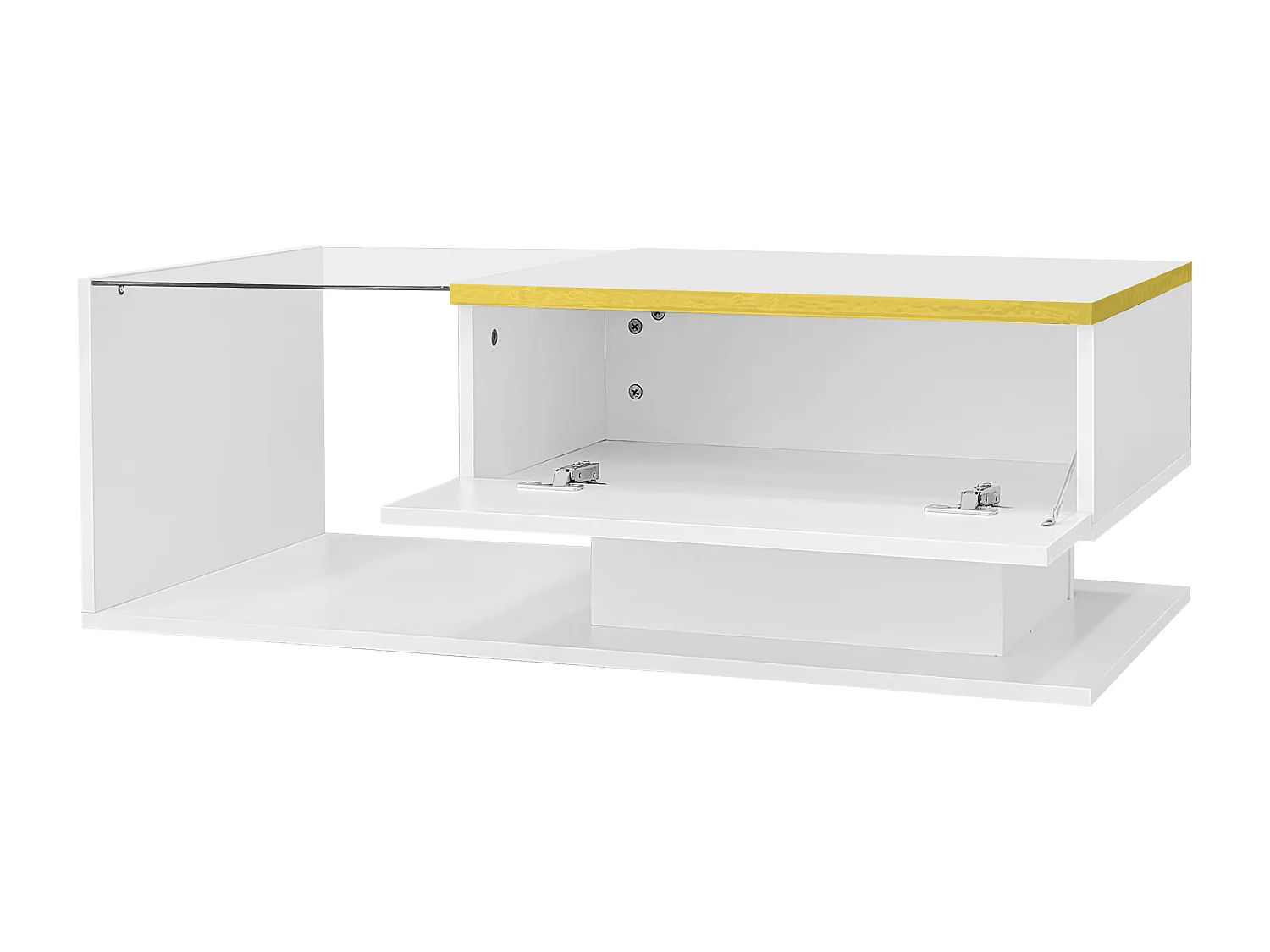 Table basse brillant - 90 x 50 x 32.5 cm - avec verre + effet Leds + rangement - aggloméré - blanc