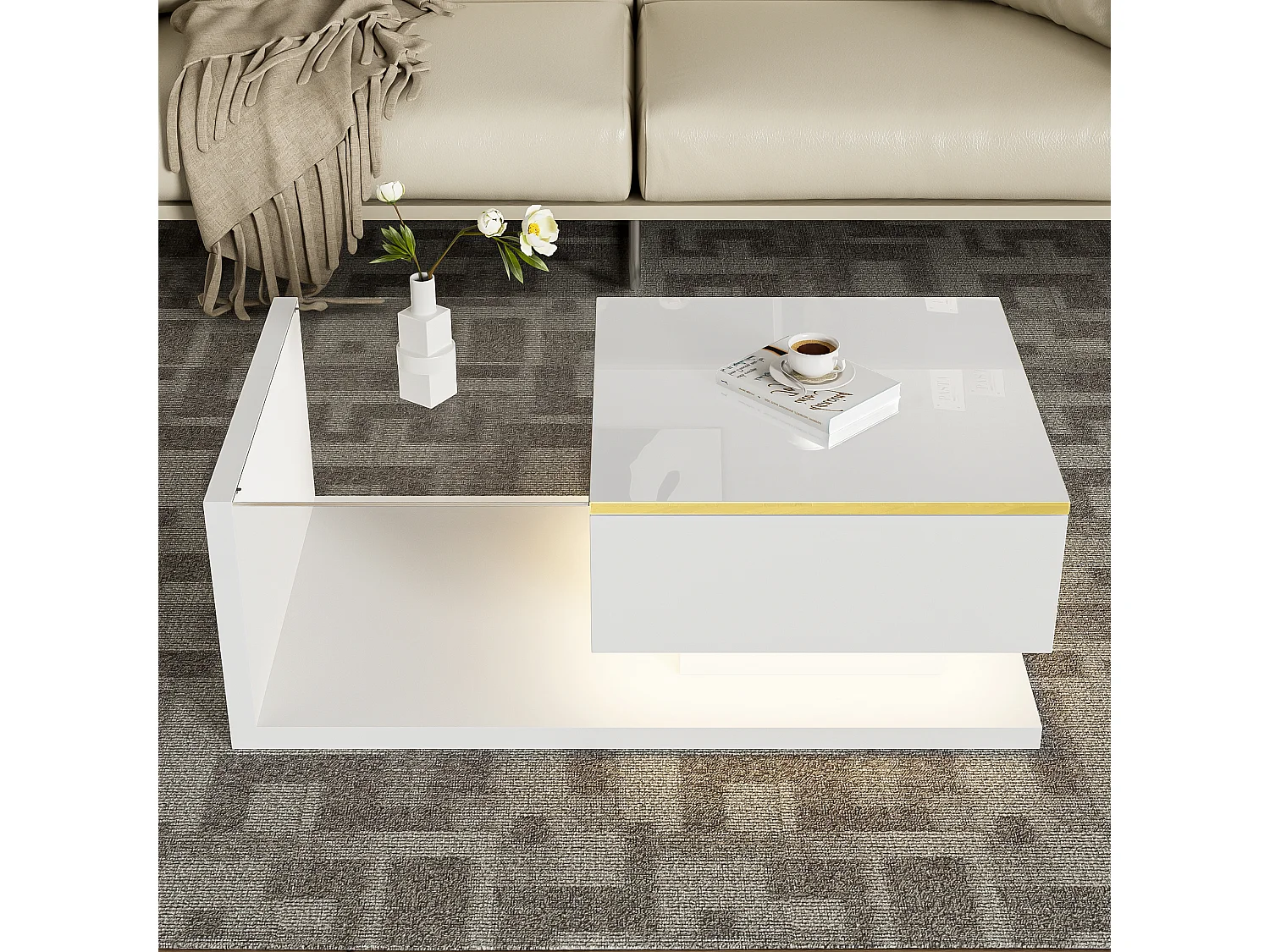 Tavolino da caffè lucido - 90 x 50 x 32,5 cm - con vetro + effetto LED + contenitore - truciolare - bianco