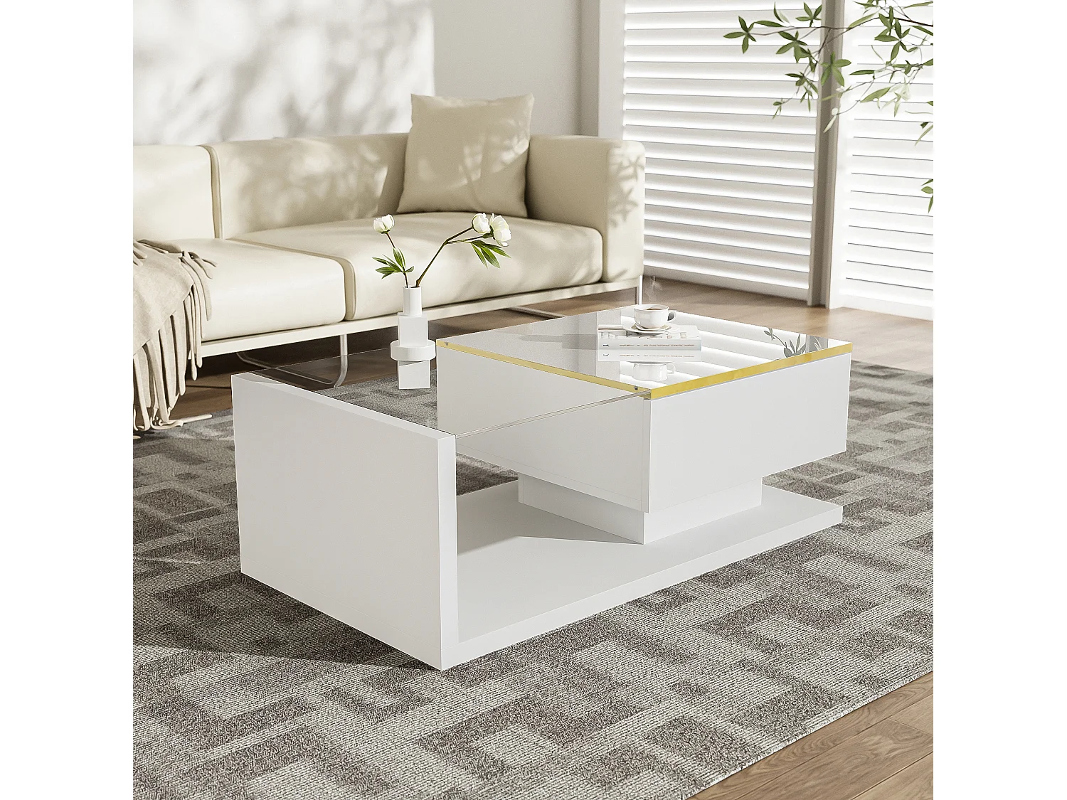 Tavolino da caffè lucido - 90 x 50 x 32,5 cm - con vetro + effetto LED + contenitore - truciolare - bianco