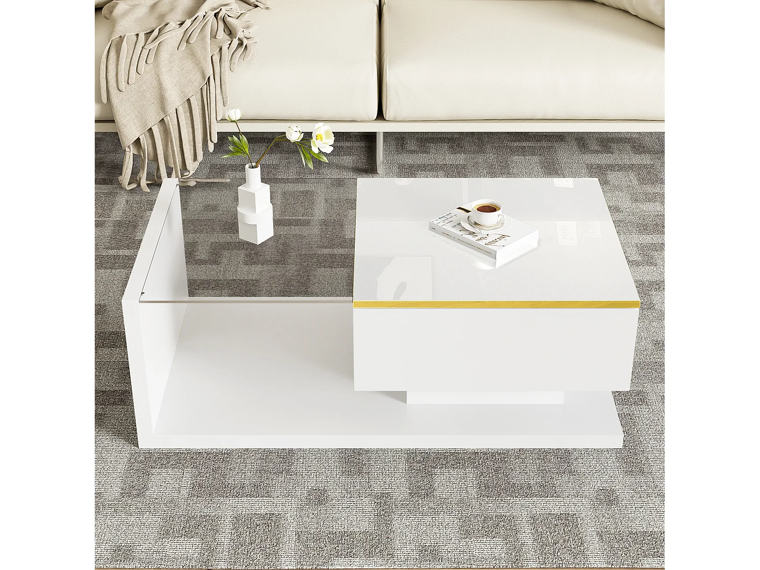 Tavolino da caffè lucido - 90 x 50 x 32,5 cm - con vetro + effetto LED + contenitore - truciolare - bianco