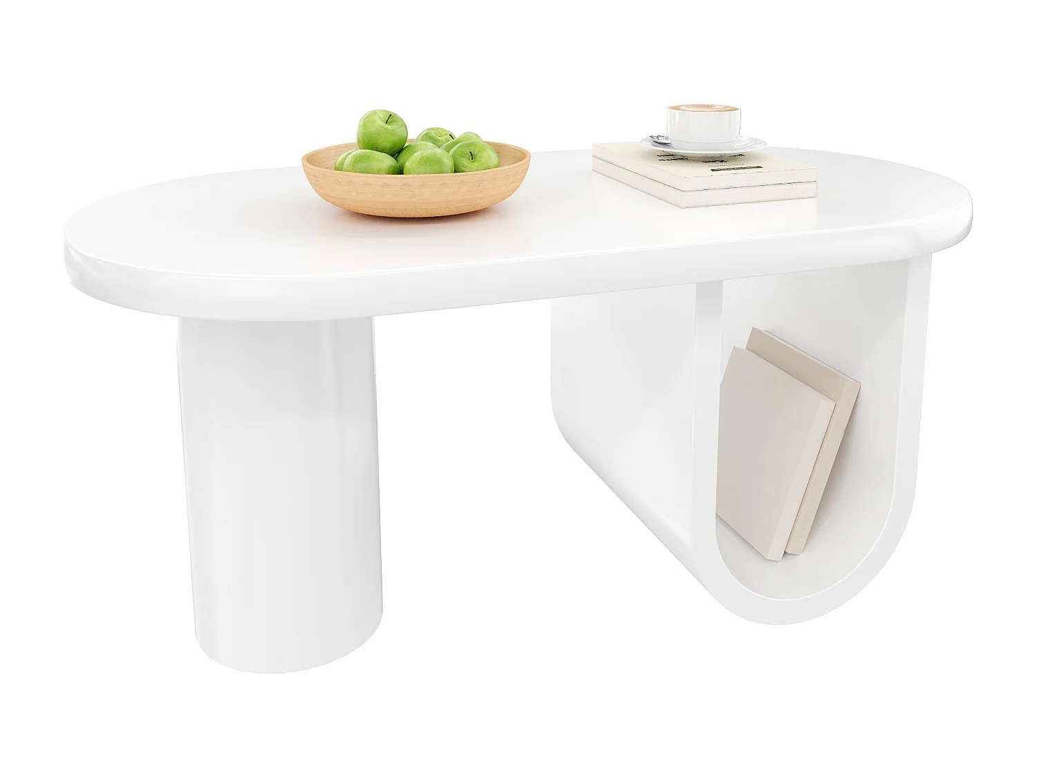 Moderne ovale salontafel - 98,5 x 53,5 x 42 cm - Stevige U-vormige poten - met opbergruimte - MDF - Wit