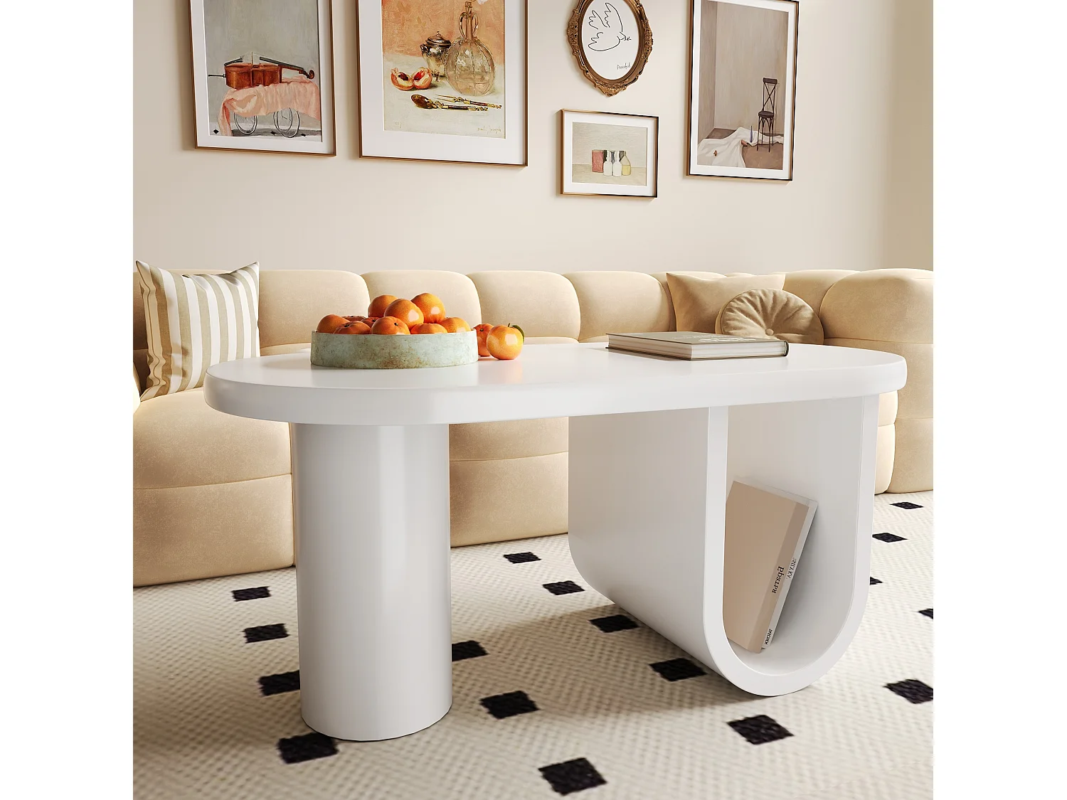 Moderne ovale salontafel - 98,5 x 53,5 x 42 cm - Stevige U-vormige poten - met opbergruimte - MDF - Wit