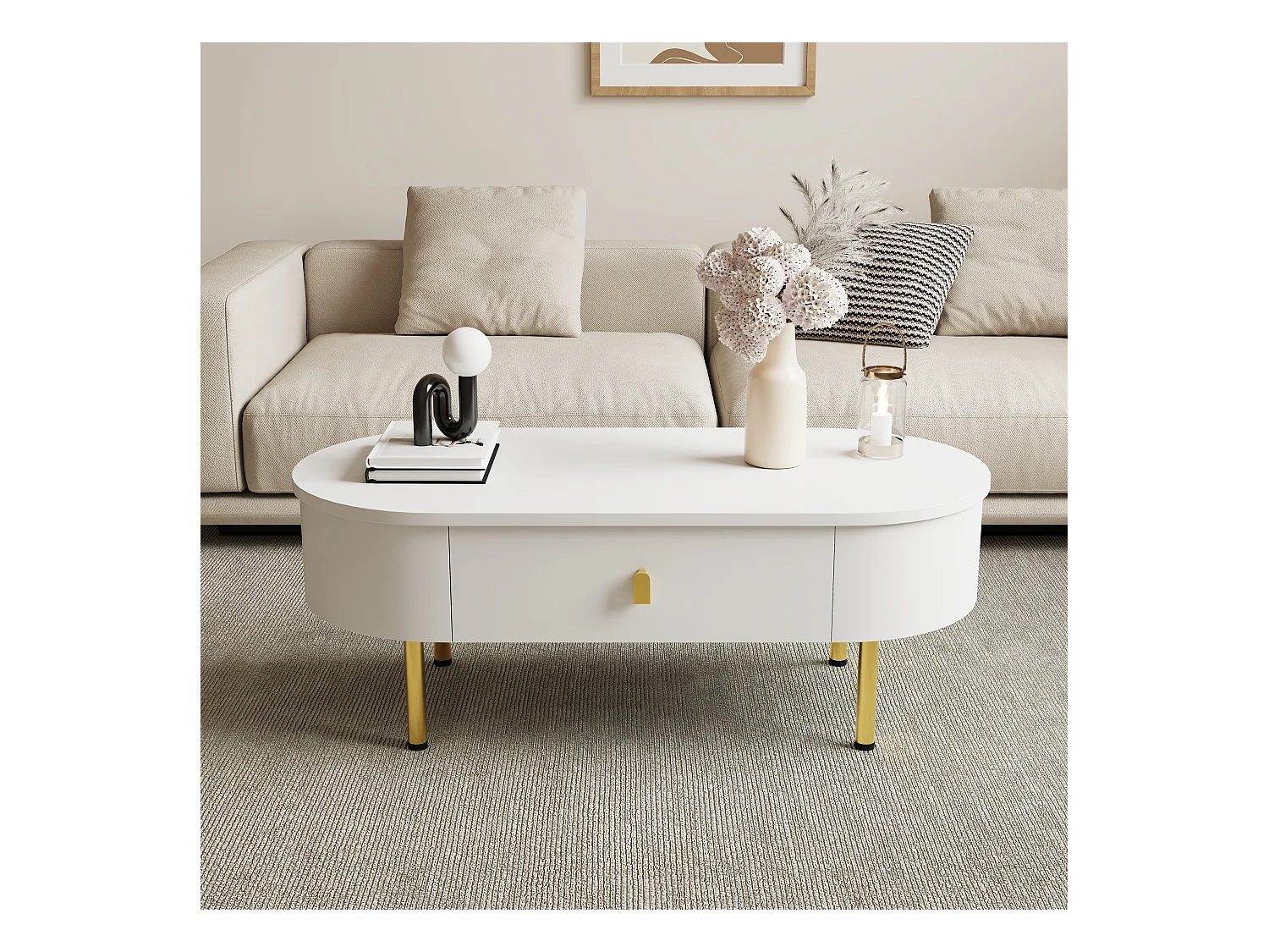 Table basse avec 2 tiroirs - 108 x 50 x 40 cm - poignées et pieds dorés - coins incurvés - MDF - blanc