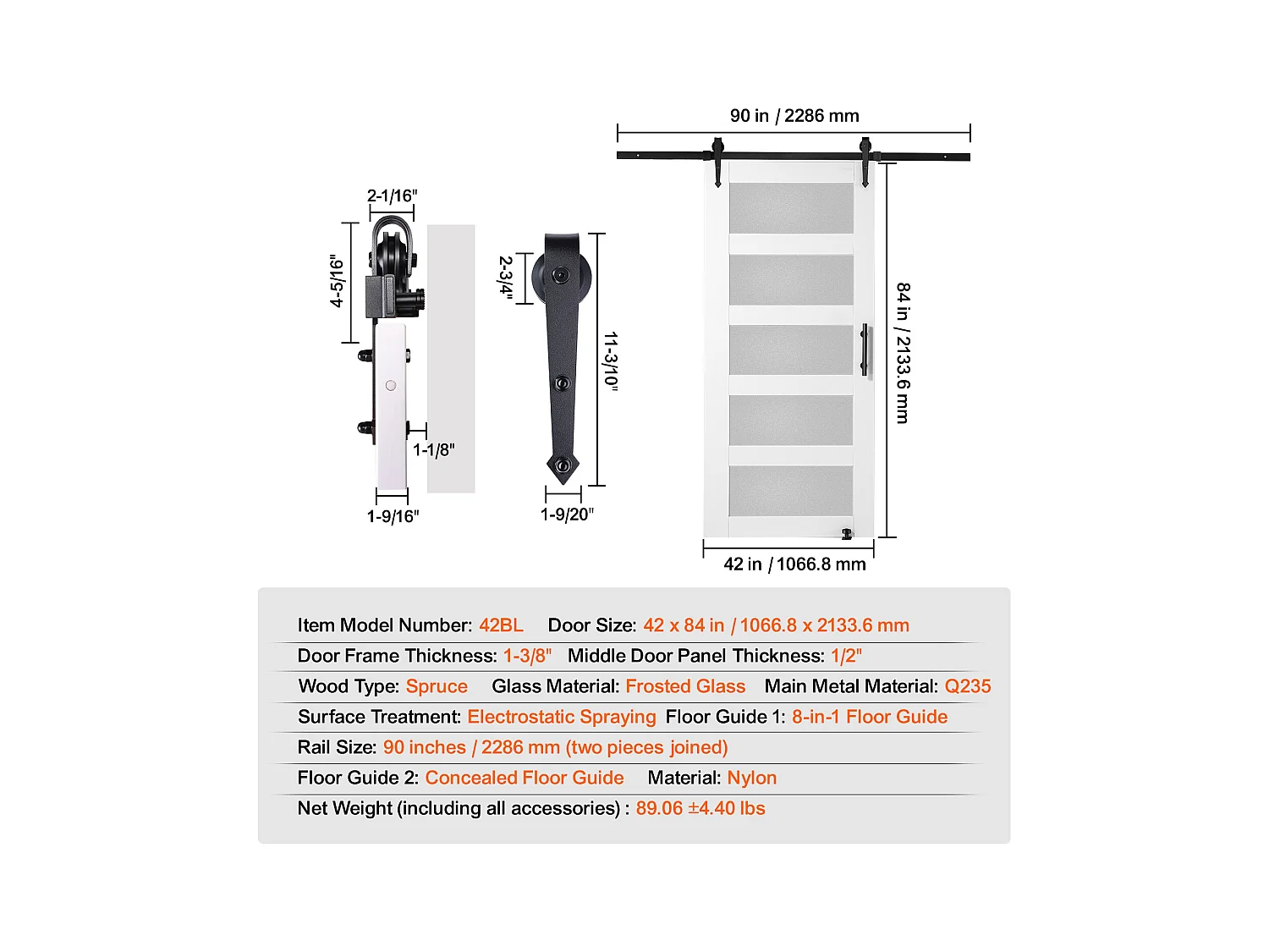 Kit de Porte de Grange SucceBuy, 106 x 213 cm, Bois et Verre Coulissante , Verre Dépoli, Épicéa