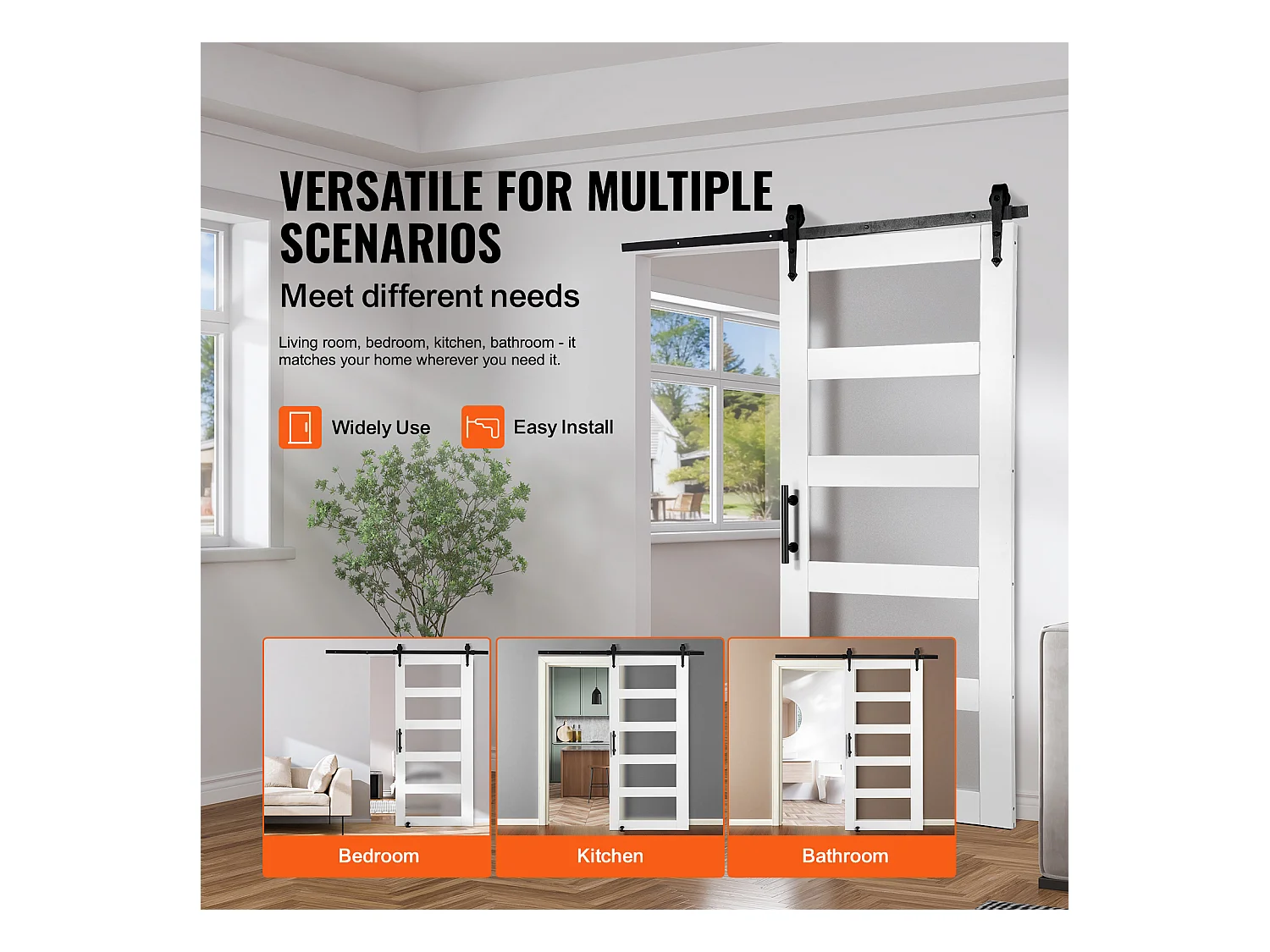 Kit de Puerta de Granero SucceBuy, 106 x 213 cm, Puerta Deslizante de Madera y Vidrio, Vidrio Mate, Pino