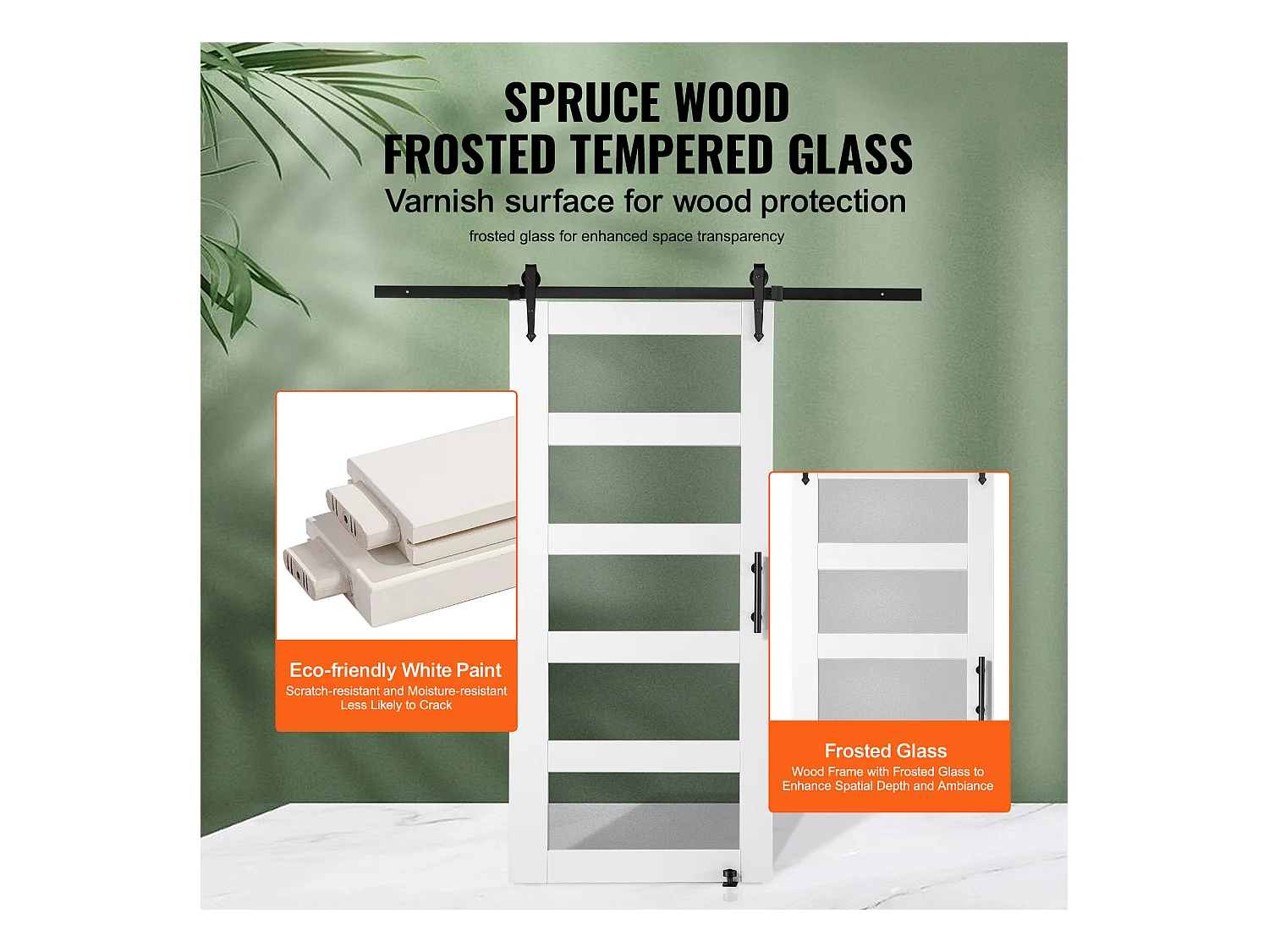 Kit de Puerta de Granero SucceBuy, 106 x 213 cm, Puerta Deslizante de Madera y Vidrio, Vidrio Mate, Pino