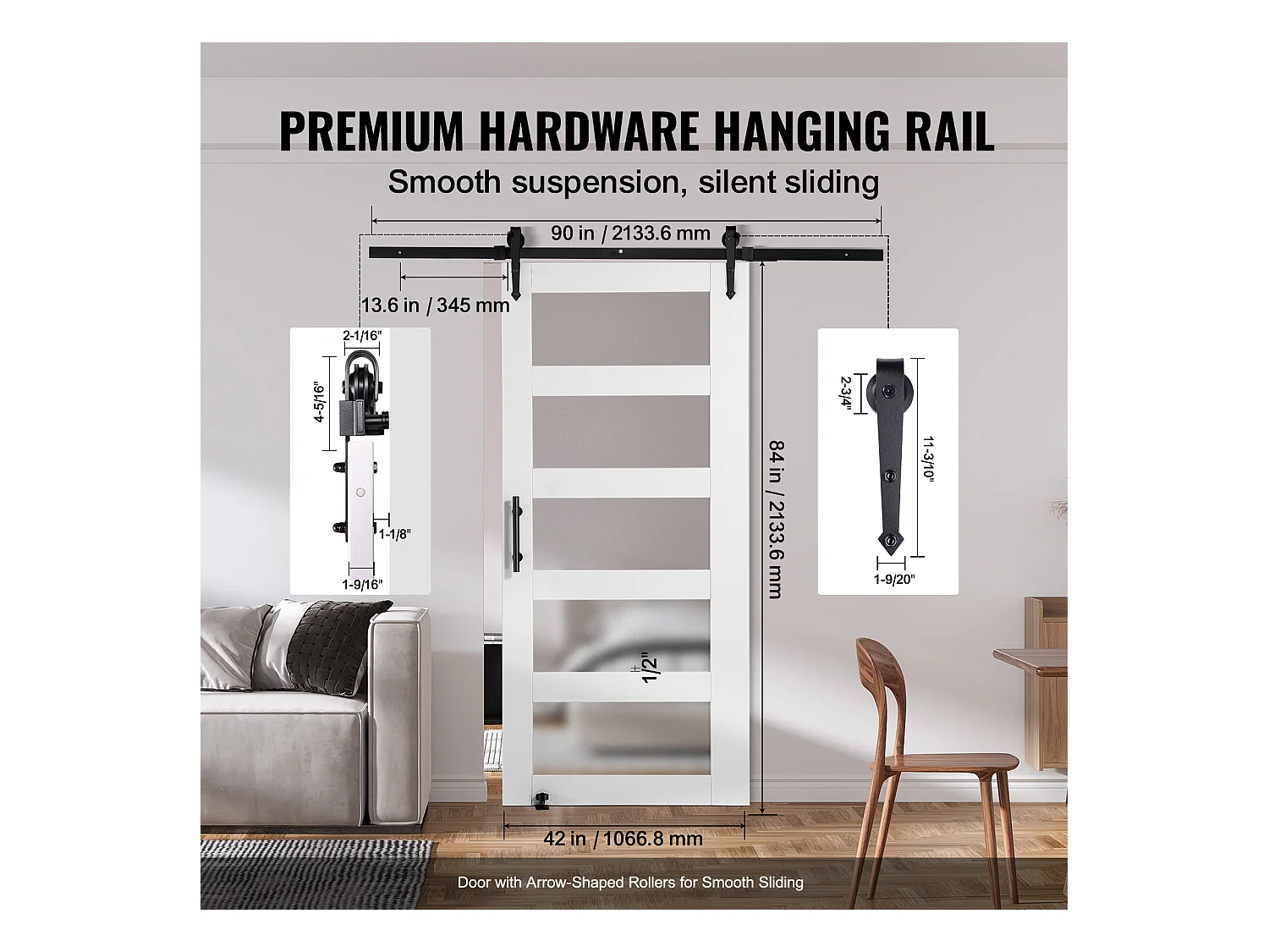 Kit de Puerta de Granero SucceBuy, 106 x 213 cm, Puerta Deslizante de Madera y Vidrio, Vidrio Mate, Pino