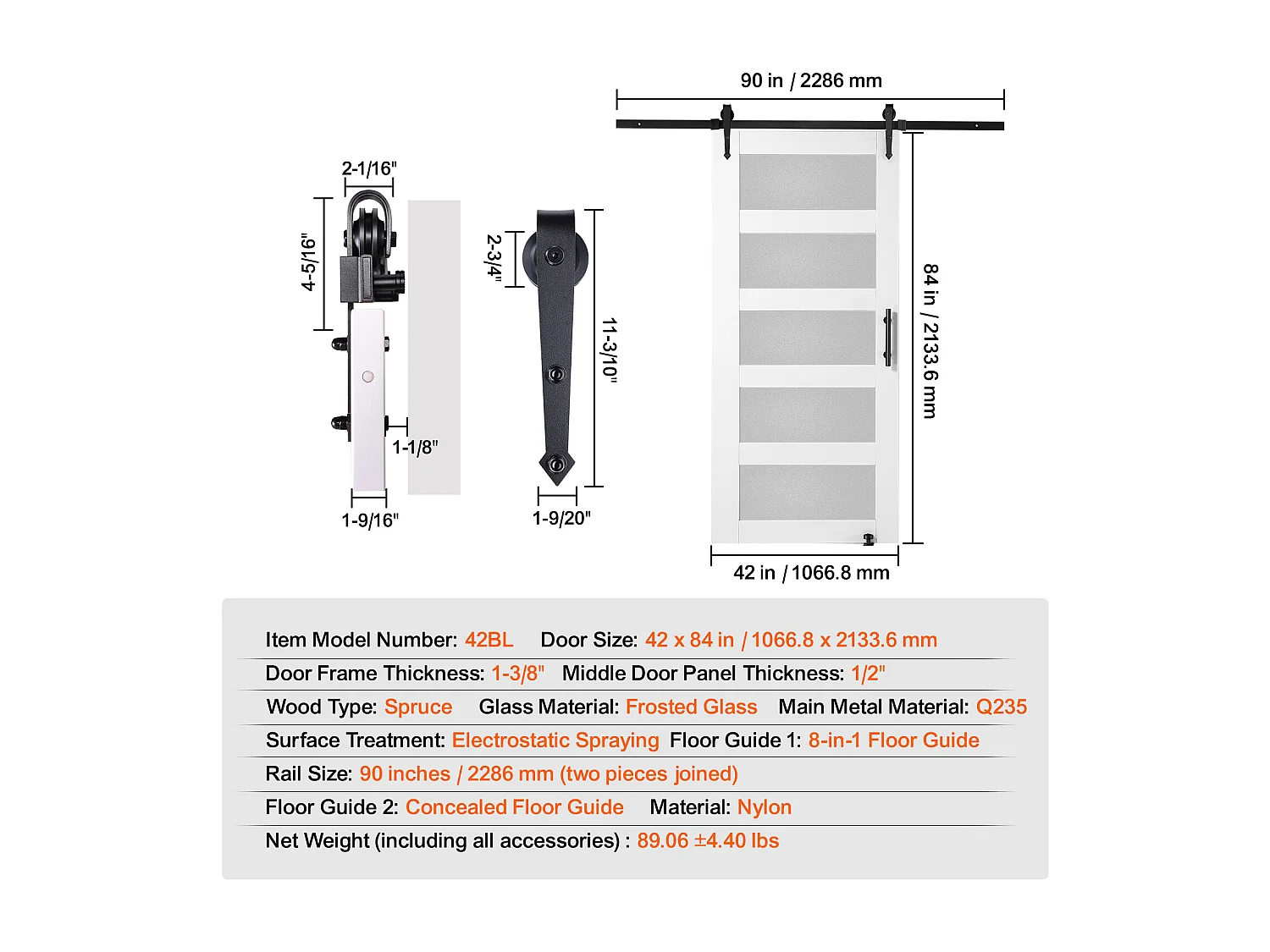 Kit de Porte de Grange SucceBuy, 106 x 213 cm, Bois et Verre Coulissante , Verre Dépoli, Épicéa